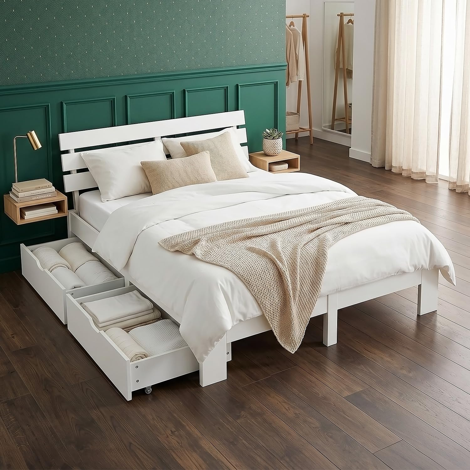 Homestyle4u Holzbett 160x200 cm Weiß mit 2 Bettkästen