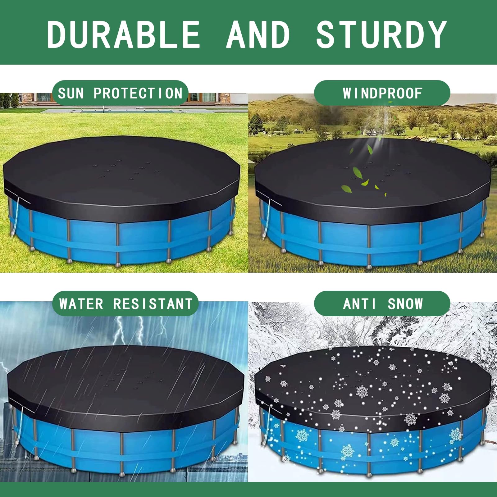 Cubierta redonda para piscina de 10 pies con cordón, tela duradera resistente al desgarro para piscinas sobre el suelo, evita hojas y escombros, fácil instalación, color azul, se adapta a 366 cm