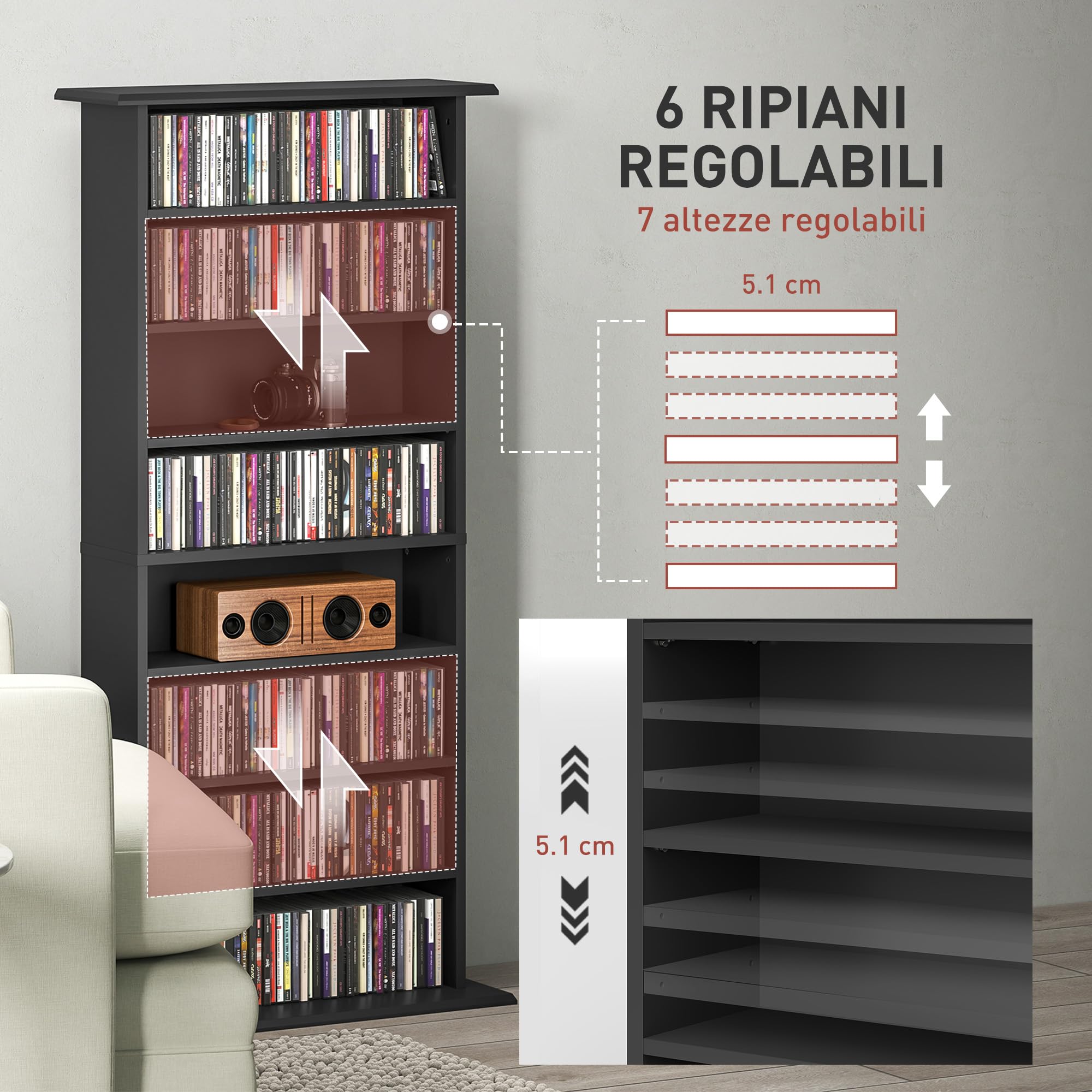 HOMCOM Mobile Porta CD con 6 Ripiani Regolabili, Scaffale Porta 360 CD/185 DVD Salvaspazio in Legno, Mobile Portacd con 8 Scomparti, per Soggiorno Camera da Letto Ufficio, 58x24x126.3 cm, Nero