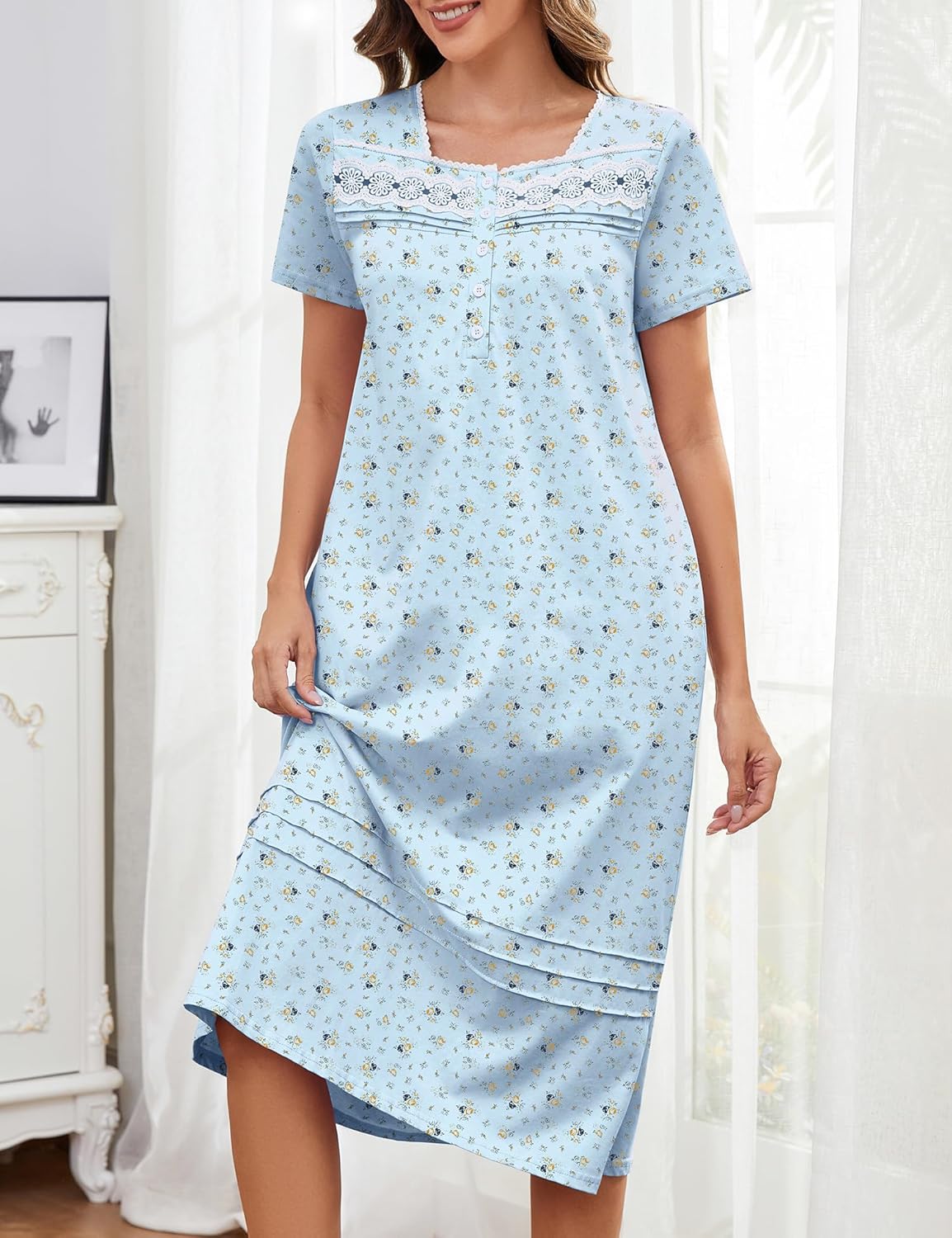 100% Cotton Nightgowns for Women Soft Button Pleated House Dress Long Moomoo Nightgown with Pockets - Image 3