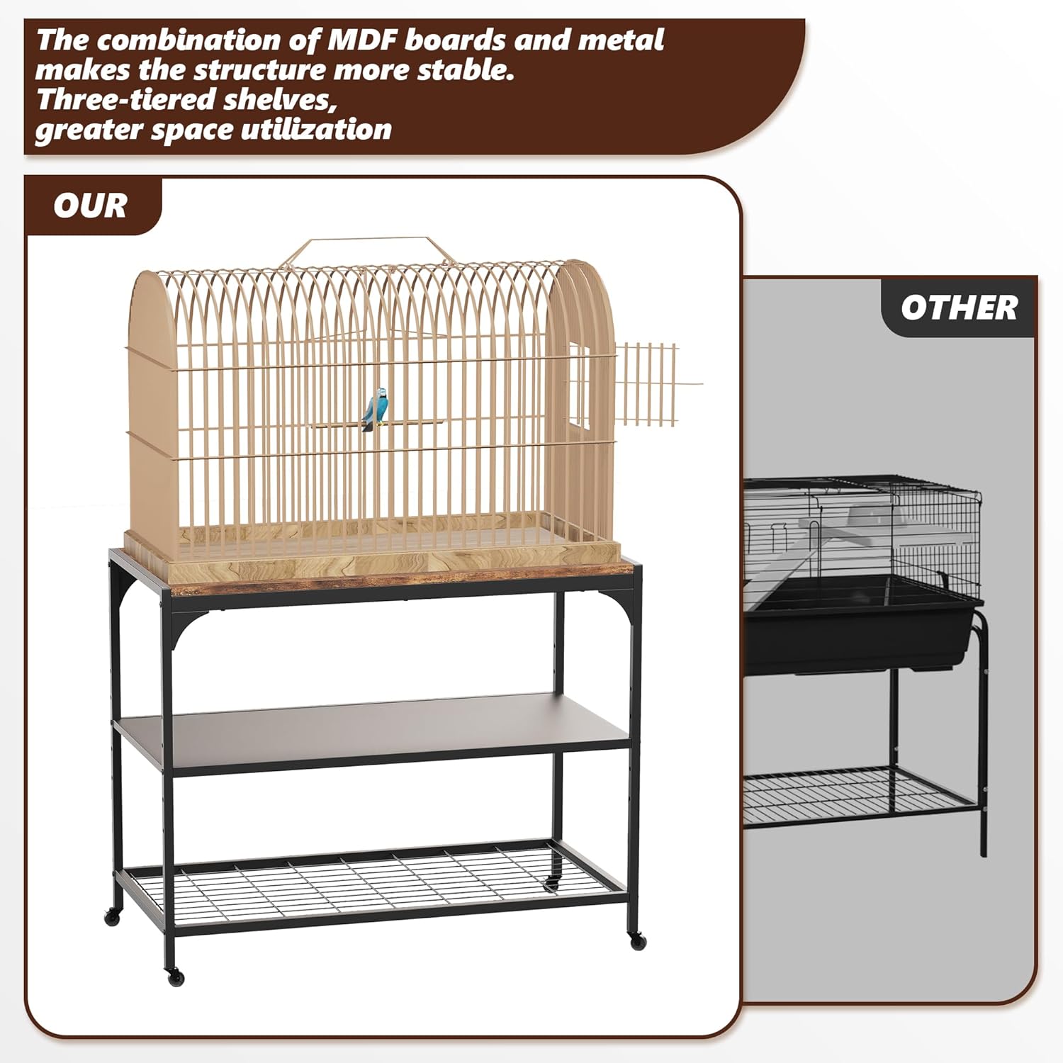 3-Tier Mobile Small Animal Cage Stand with Wood Tabletop, Lockable Caster Wheels, Storage Shelves for Small Animal Habitat for Hamster, Rabbit, Guinea Pig, Furniture Style Design