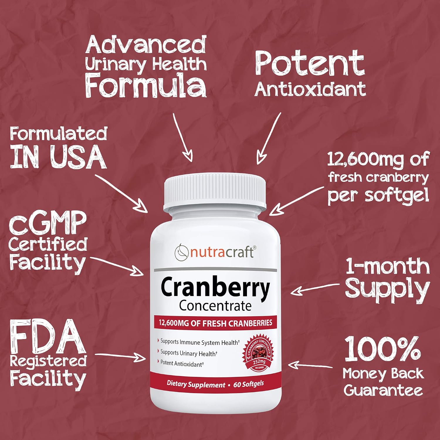 Nutracraft #1 Cranberry Extract Supplement for Bladder & Urinary Tract Support - 12,600 mg of Fresh Cranberries, Vitamin C & E and Polyphenols per Capsule - 60 Softgels