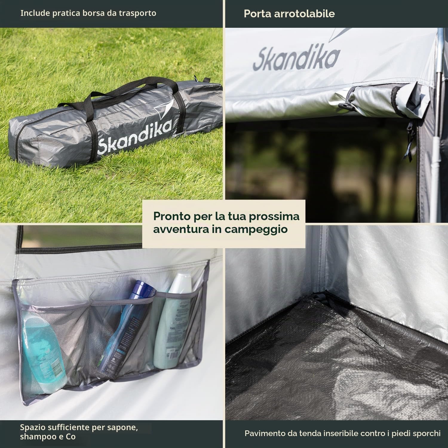 Tenda doccia da campeggio Skandika | altezza di 230 cm, rivestita d’argento, opaca, pavimento separato, 3 finestre copribili