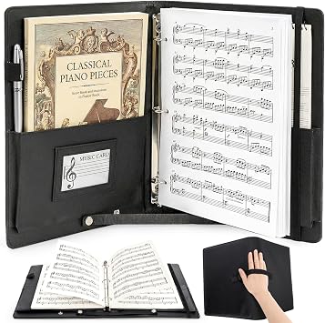 Sheet Music Folder, Choir Music Holder with Adjustable Handle Strap | 3 Ring PU Leather Piano Sheet Binder Organizer for 8.5 x 11 Letter Size, A4 Paper Pages Not Included
