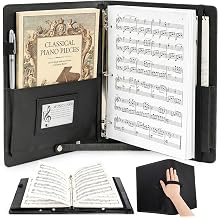 Sheet Music Folder, 3 Ring Choir Music Holder with Adjustable Handle Strap, 13'' x 10'' PU Leather Black Piano Sheet Binder Organizer for 8.5'' x 11'' Letter Size, A4 Paper Pages Not Included