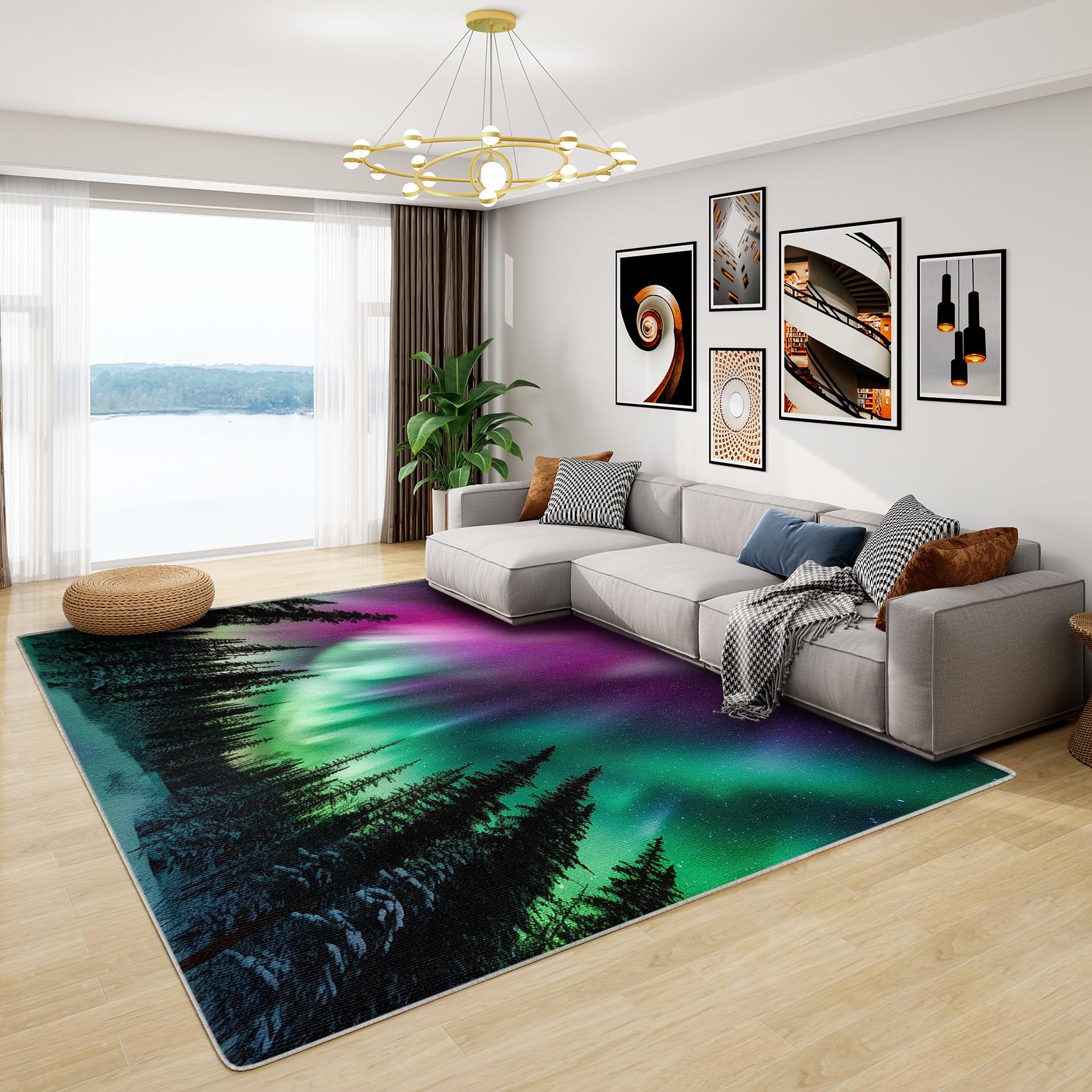Northern Lights Gifts - Aurora Borealis Rug, Forest Rugs for Living Room Bedroom, Washable Non Slip Soft Square Carpet, Patterned Area Rugs & Home Decor 120x120 cm
