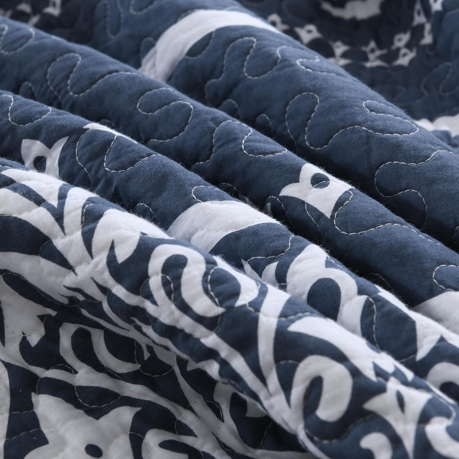 Quilt Set 100% Cotton Boho Striped King Quilt,Navy Blue Quilt King Size Bohemian Pattern King Bedspread Lightweight All Season 3 Piece - Image 4