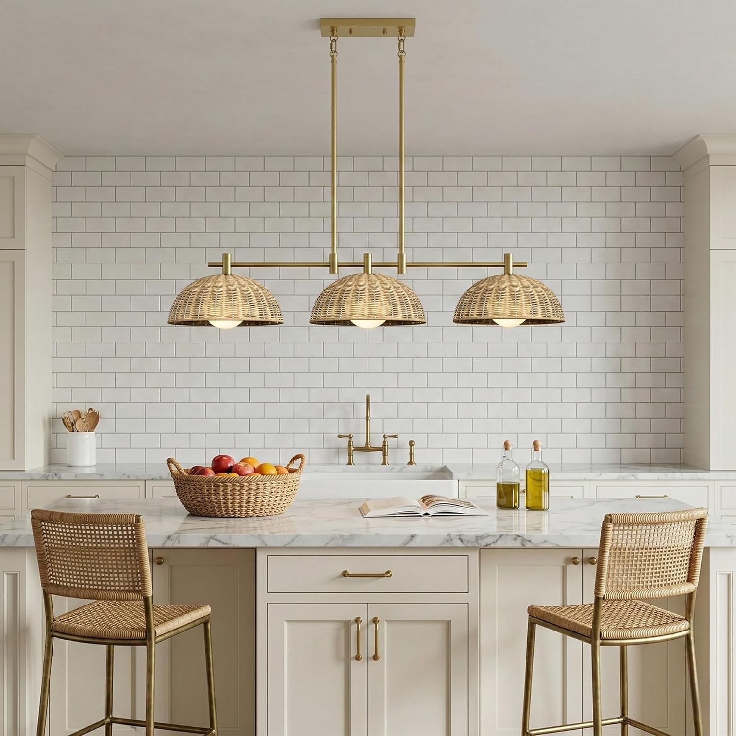 Maxax 3-Light Rattan Kitchen Island Lighting, Boho Woven Linear Pendant Light with Dome Wicker Shades, Brass Finish Hanging Chandelier for Dining Room, Pool Table, Coastal Farmhouse Fixture