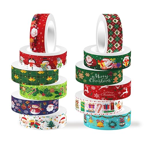 Cinta Washi de Navidad, 12 rollos de cinta washi de Papá Noel, juego de cinta de embalaje, cinta adhesiva adhesiva de papel decorativo, cinta