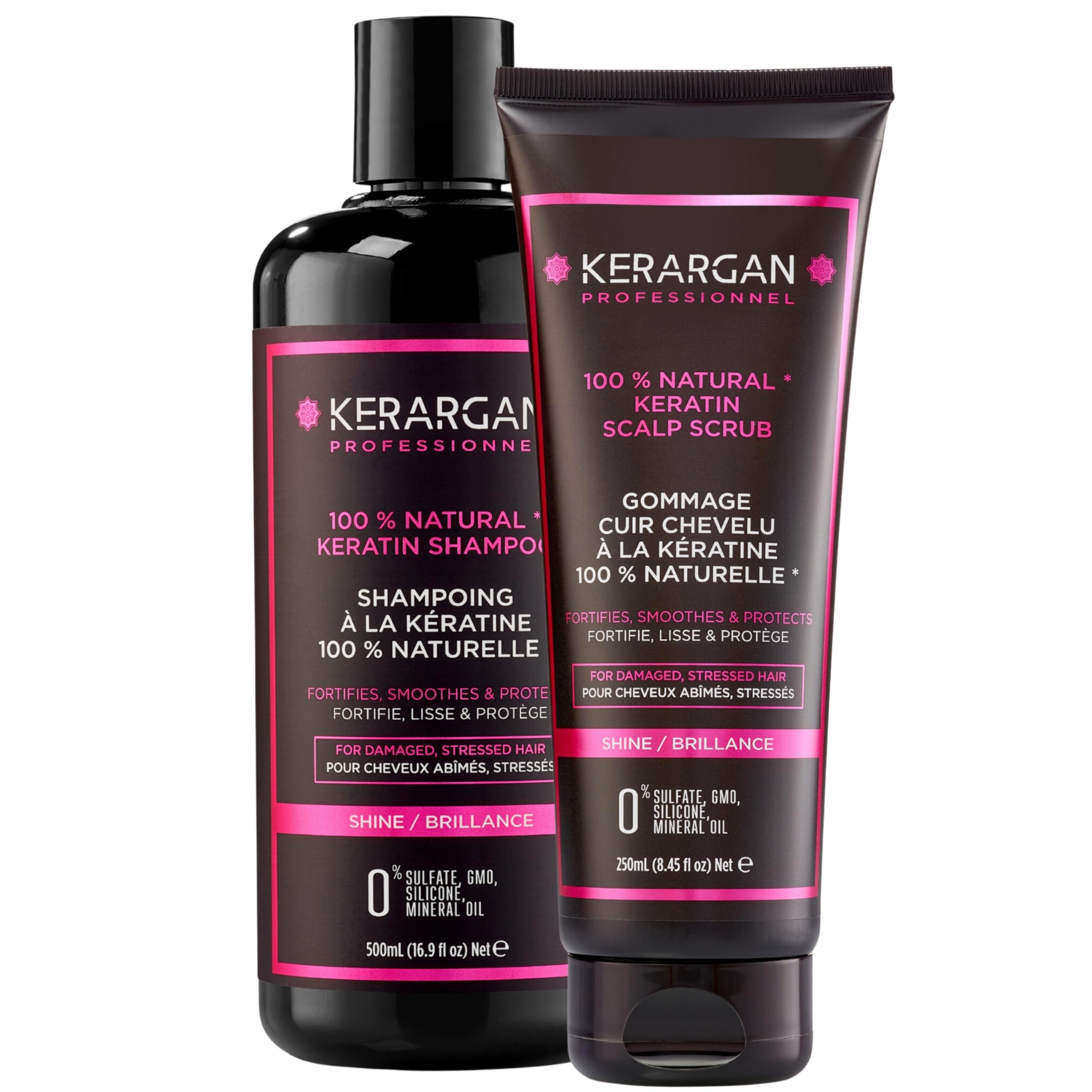 KERARGAN - Duo Kératine Shampoing & Gommage Sans Silicones - 500ml+250ml | Shampoing et gommage, nettoient et exfolient le cuir chevelu, formules sans silicones, OGM ni huiles minérales
