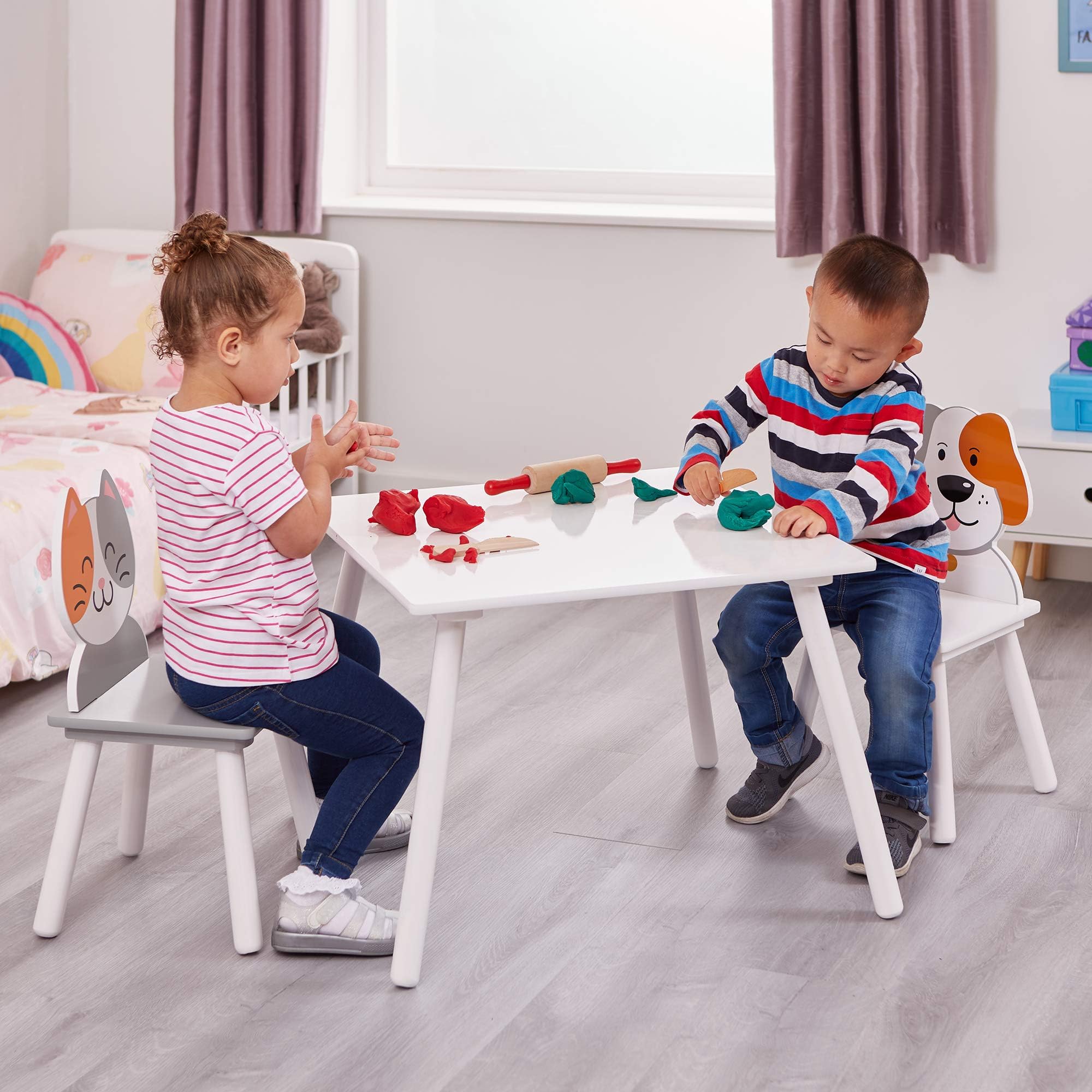 Liberty House Toys Cat and Dog Table and Chairs, MDF, Grey and White, 44cm H W x 60cm D