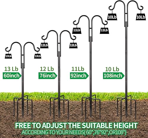 Miniatura 7 de oathx Gancho de pastor alto para exteriores, paquete de 2 postes de comedero de pájaros de 92 pulgadas para exteriores con 5 puntas de base, ganchos