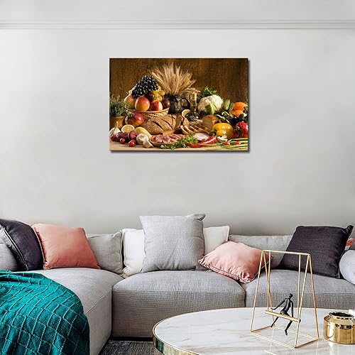 Miniatura 3 de Comida fresca marrón uva fruta de manzana en cesta pan cebolla tomate pimiento dulce coliflor trigo reunido en la mesa arte de pared pintura en
