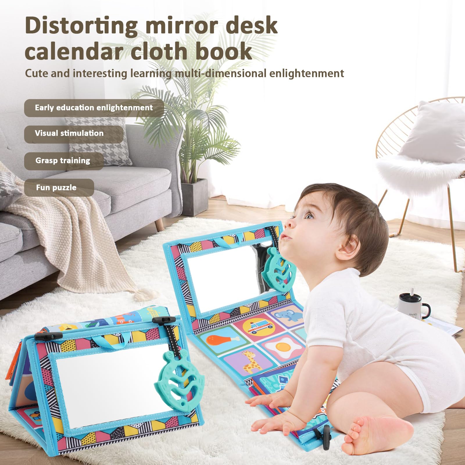 Montessori Lustro dla niemowląt z czarno-białymi książkami sensorycznymi, składana książka z tkaniny z kontrastowym wzorem, lustro dla dziecka, zabawka, prezent dla noworodka dzieci 0-9