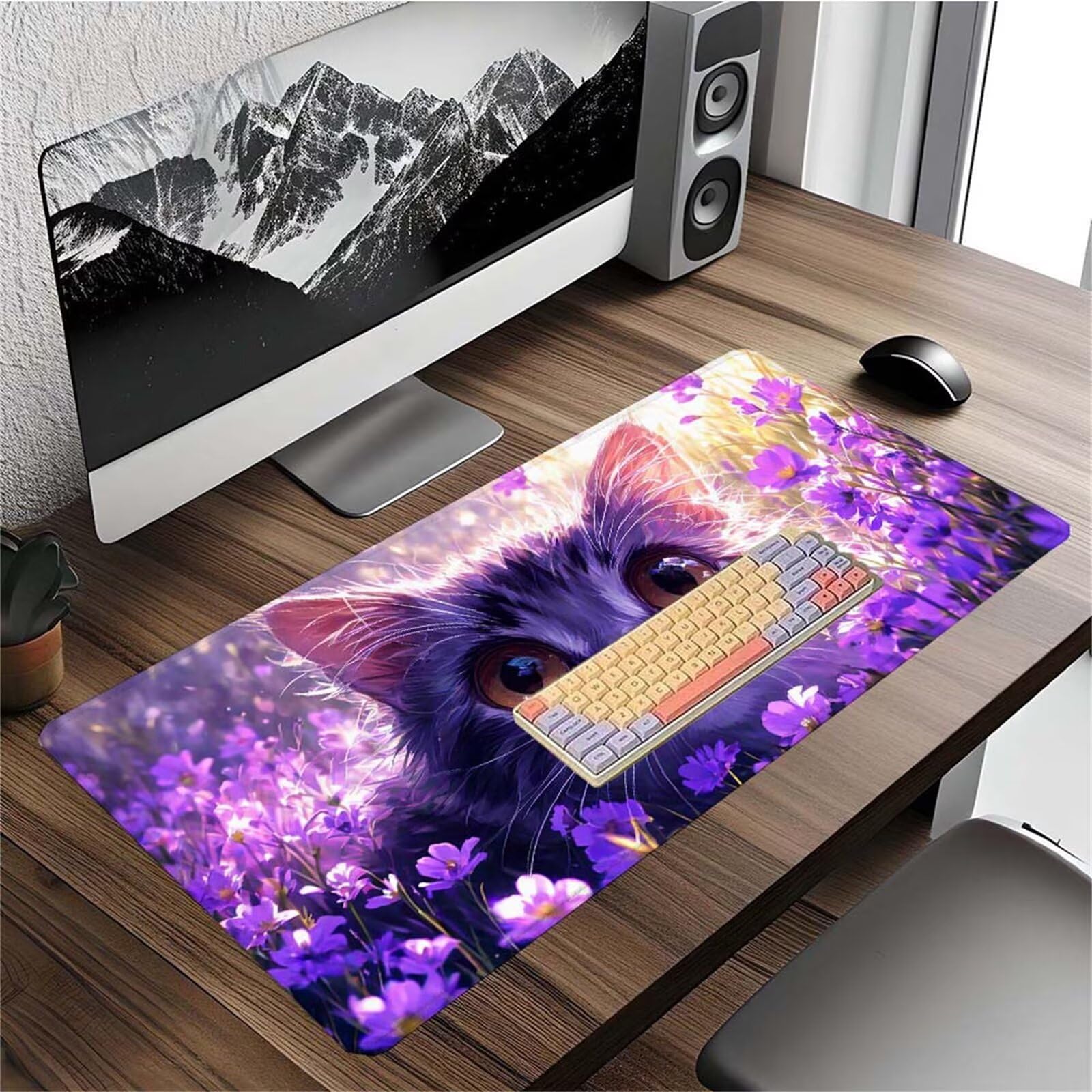 Alfombrilla Ratón Gato Flor Alfombrilla Ratón XXL 1400x600x3mm Mouse Pad Resiste Salpicaduras, Extendida de Gran Tamaño con Bordes Cosidos, Mejora Precisión y Velocidad, Antideslizante, Duradera y-347