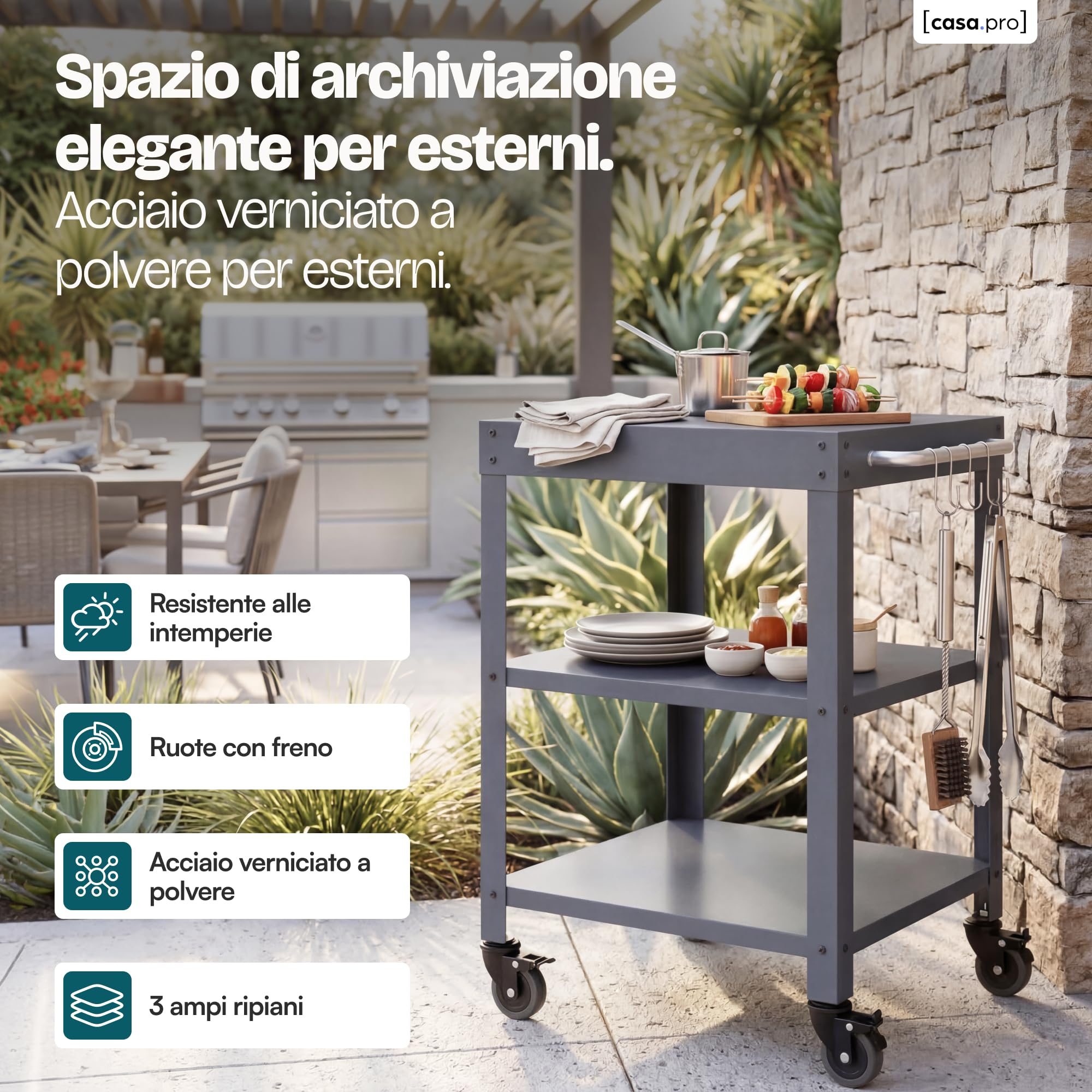 casa.pro Carrello Portavivande da Giardino in Acciaio con 3 Ripiani e Ruote Carrello Portatutto Da Cucina Servizio Portata a Rotelle 81x50x50 cm - Grigio Scuro opaco