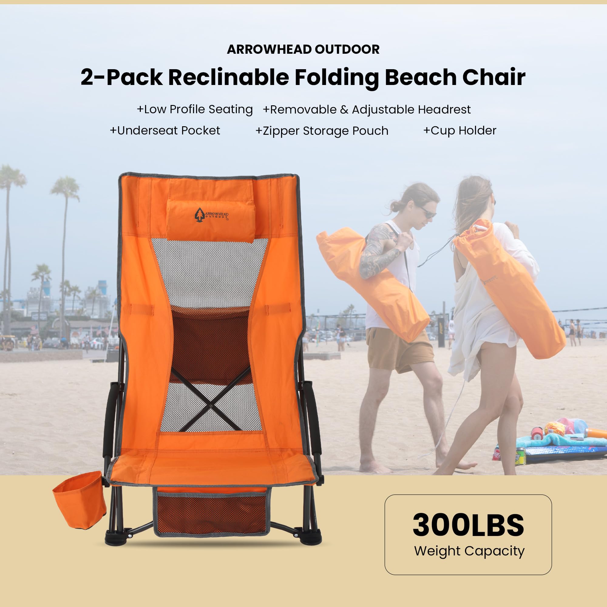 ARROWHEAD OUTDOOR 2-Pack Low Beach Chairs - 20° Reclining, Padded Headrest, Cup Holder & Carry Bag, 300lb Capacity