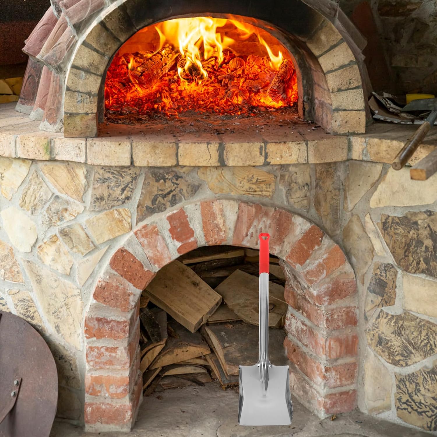 VICASKY Fireplace Ash Shovel and Charcoal Scoop 53cm Stainless Steel Red Rubber Handle, Oven Ash Shovel for Stove and BBQ Grill, Fire Pit Tool for Cleaning and Gardening Use