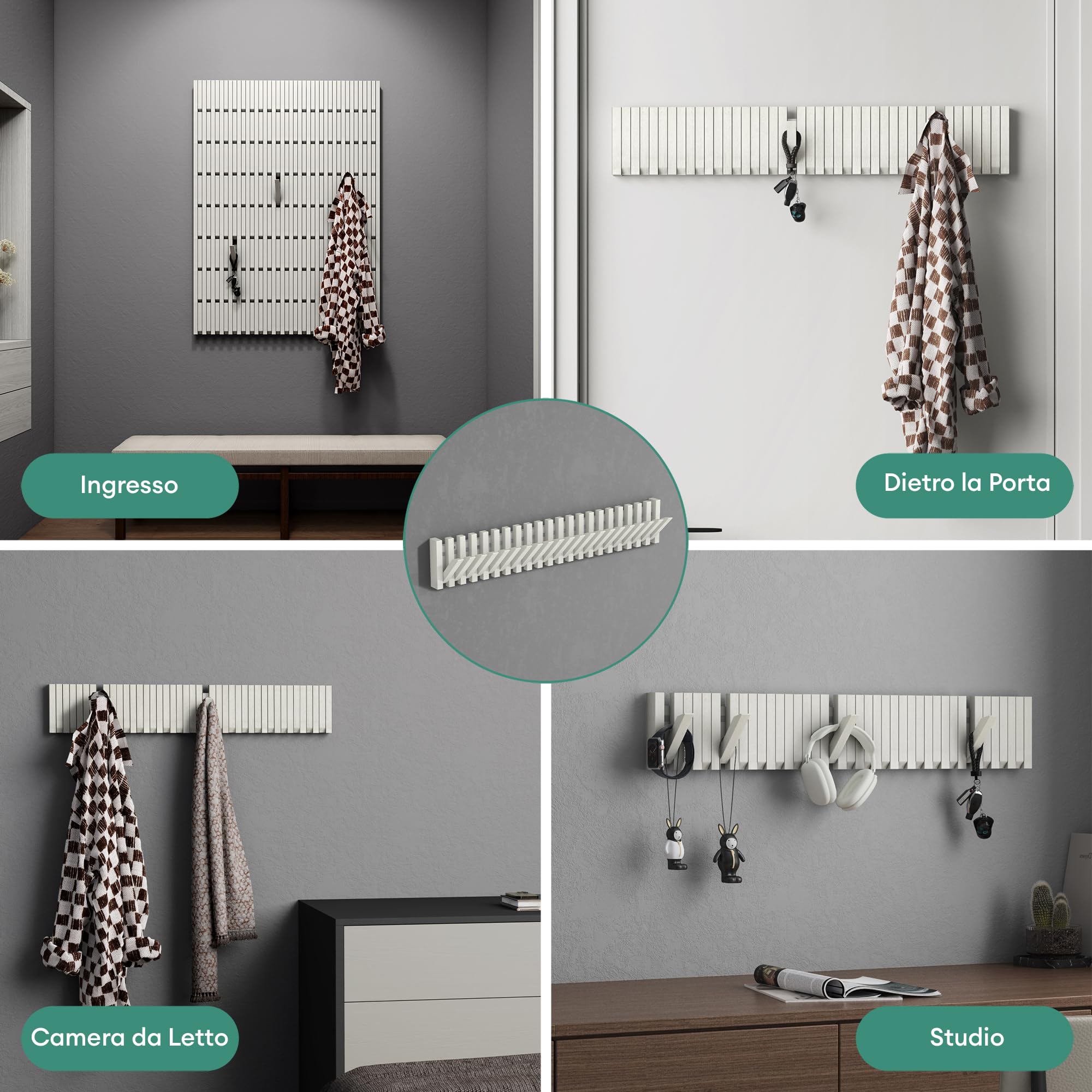 Mai & Mai Appendiabiti da Parete in Legno 90cm, Bianco Opaco | Attaccapanni da Muro Moderno per Camera da Letto, Ingresso, Studio con Gancio Pieghevole e Salvaspazio, Twigro-01