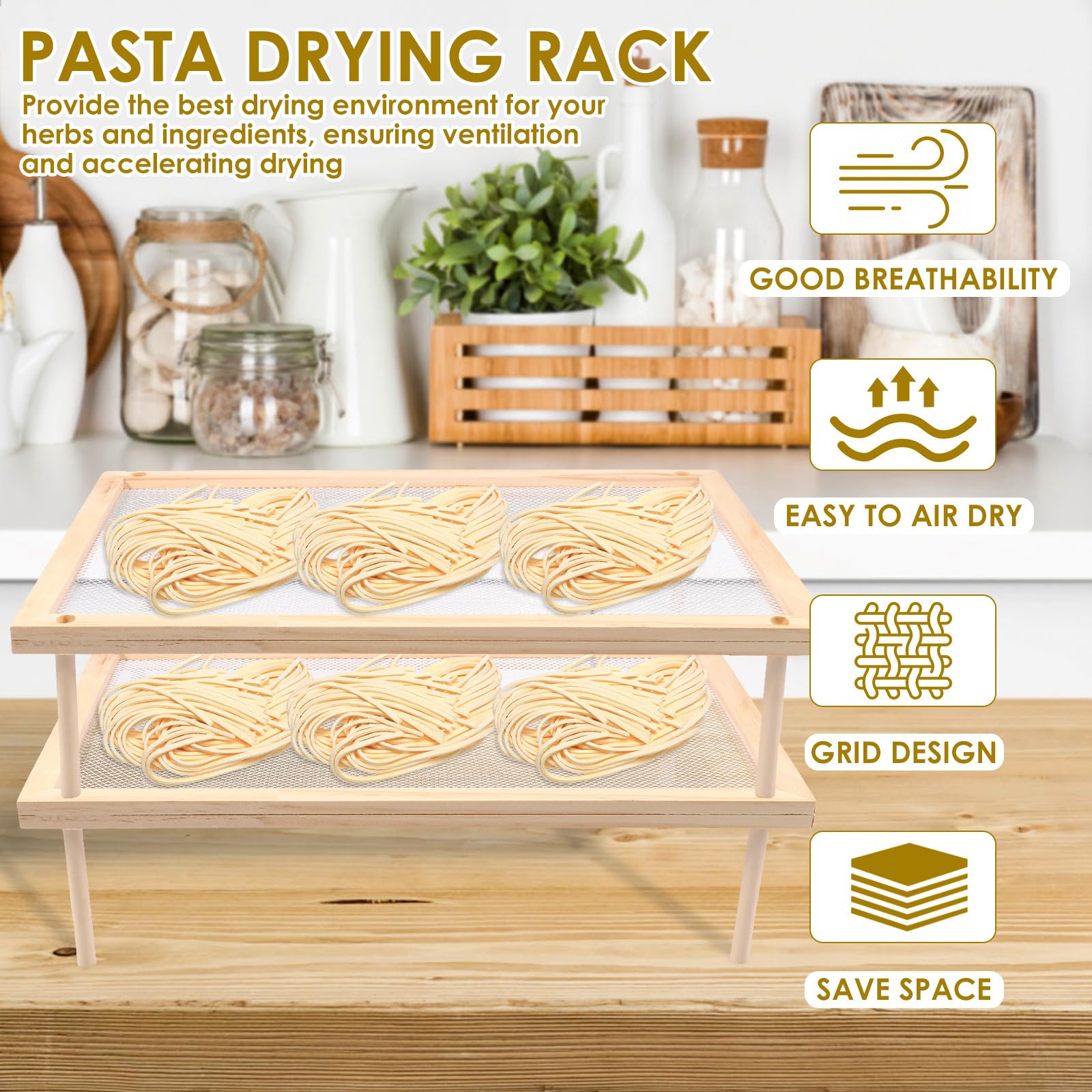 Pasta Herb Drying Rack, Stackable Noodle Drying Rack, Wood Pasta Herb Drying Rack, Practical Pasta Dryer Rack, Multifunctional Spaghetti Stand Food Dryer Rack for Home (Double-deck)