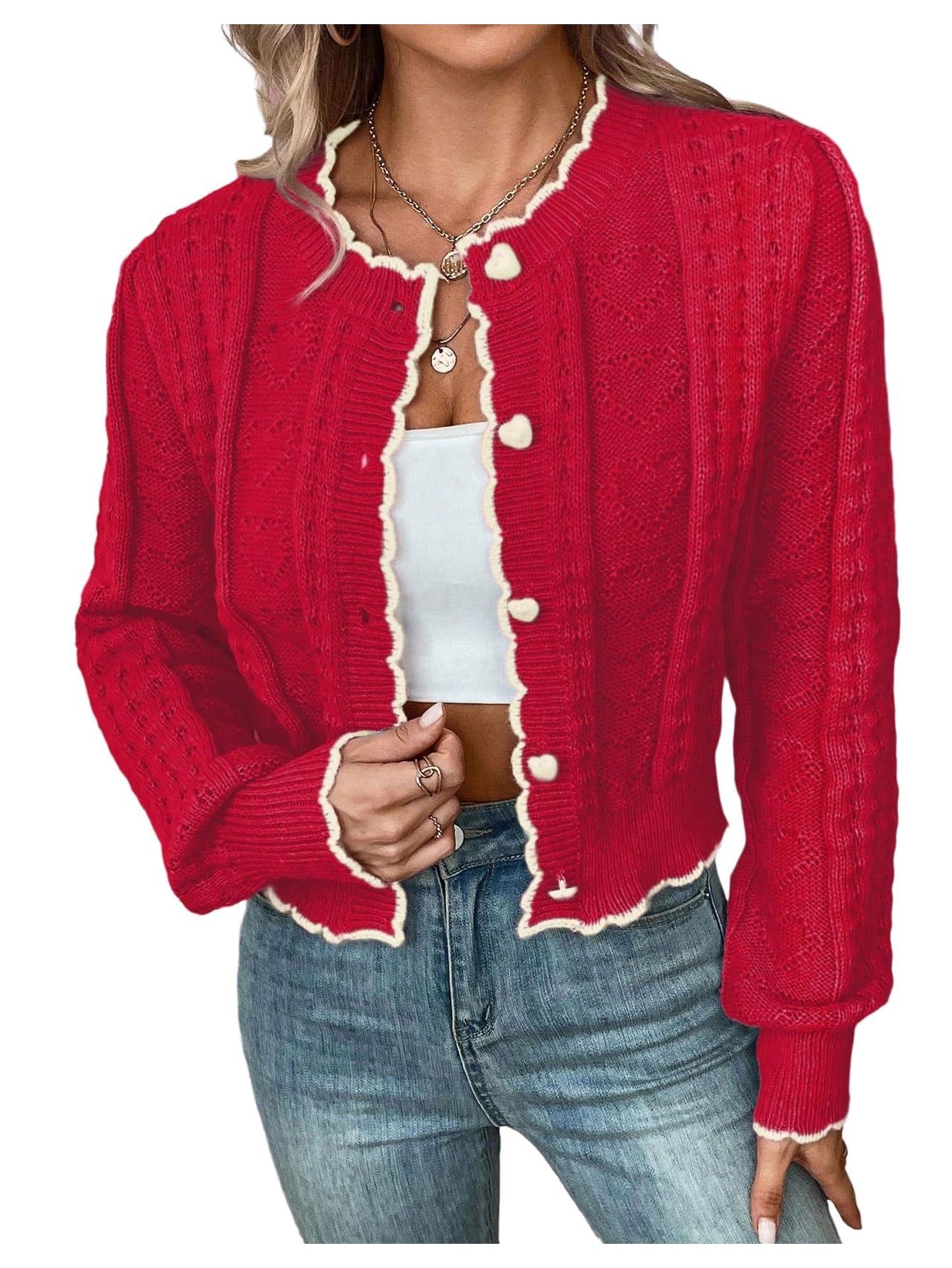 WDIRARA Womens Contrast Trim Button Down Cardigan Sweater Scallop Long Sleeve Knit Outerwear