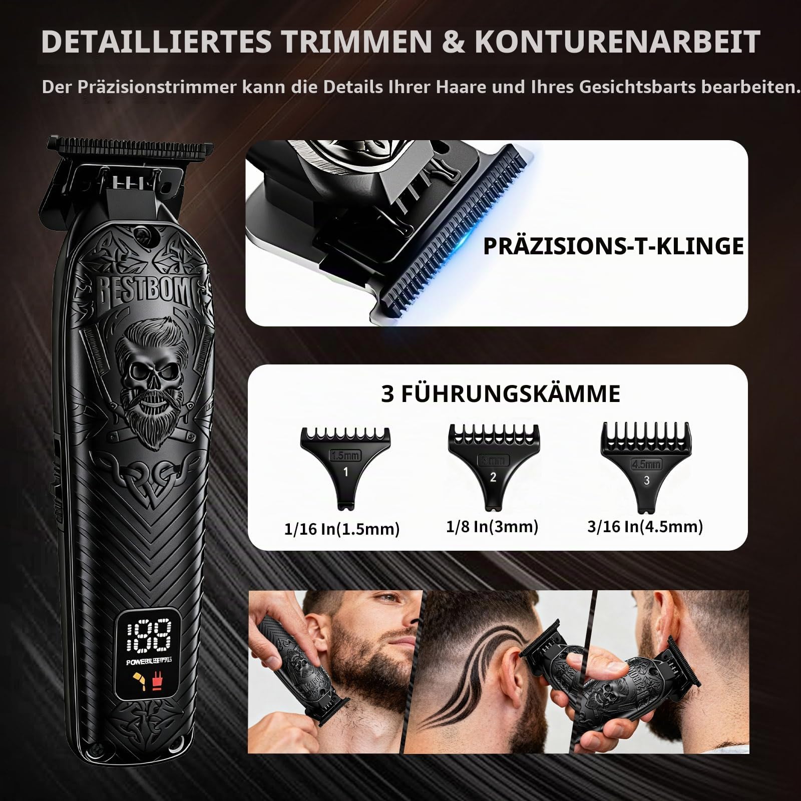 BESTBOMG Professionelle Schnurlose Herren Haarschneidemaschine & Bartschneider und Elektrische Rasierer Sets & Kits, Metall Haarschneidemaschine Schneide- und Pflegeset mit langer Akkulaufzeit für den