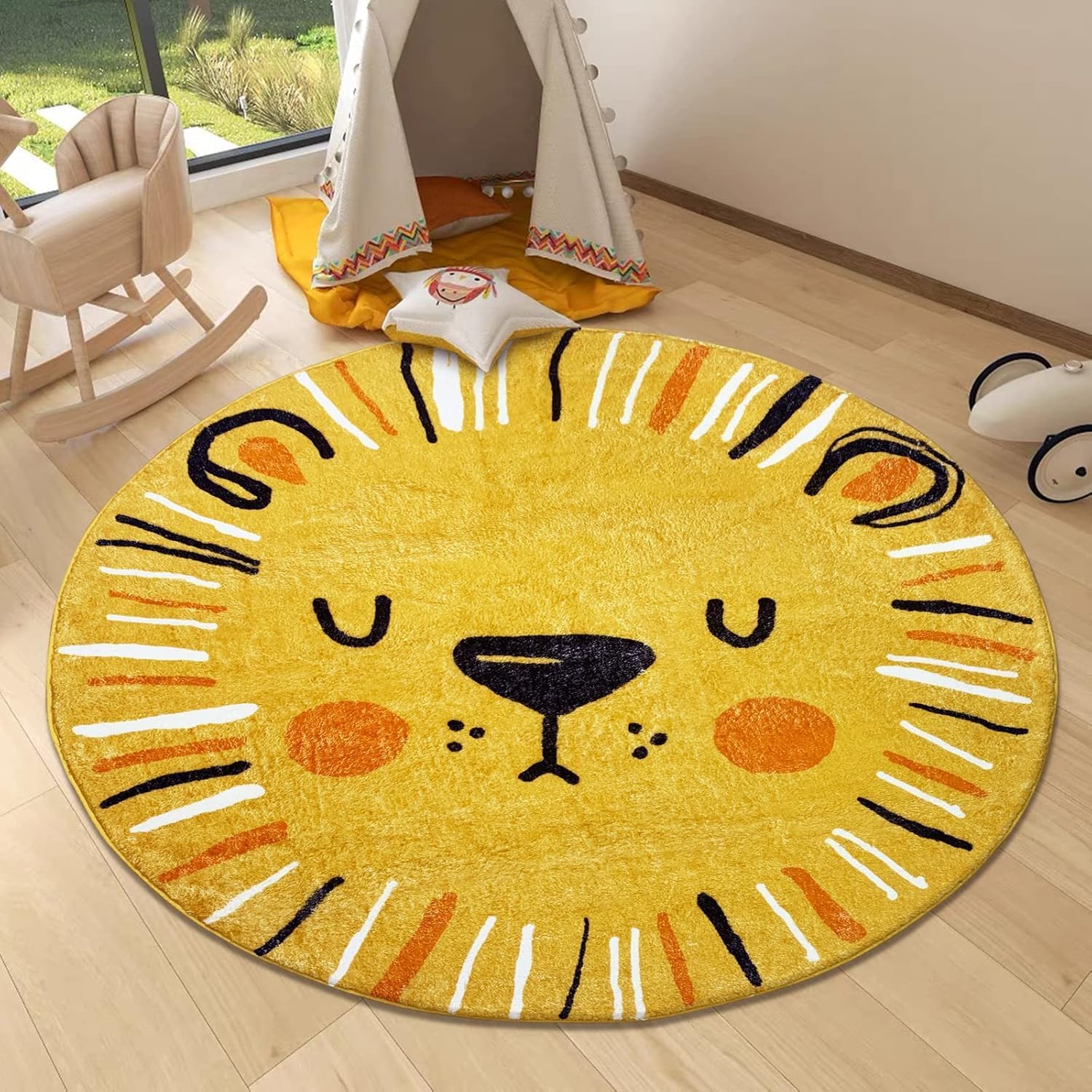 USTIDE Lion Play Mat 4FT Cute Animals Round Area Rug Washable Non-Slip Creeping Crawling Carpet Cartoon Rugs for Nursery Playmat Playroom Bedroom Room Decor(47.2")