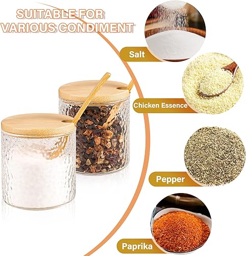 Miniatura 4 de DI QIU REN Paquete de 2 recipientes para condimentos, tarro de sal de especias de vidrio con tapa y cuchara para encimera, dispensador de sal