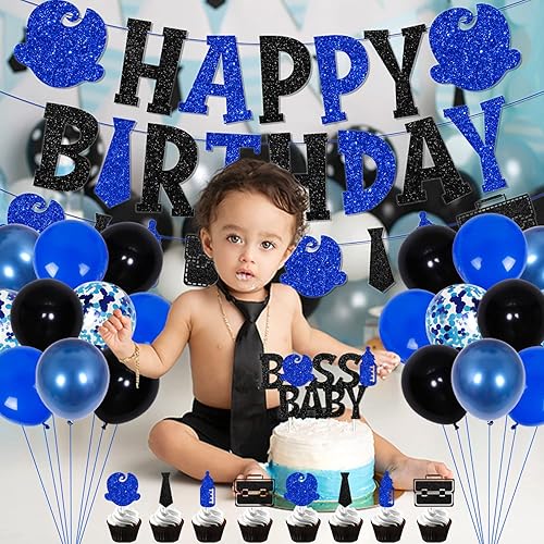 Miniatura 5 de Decoraciones de fiesta de cumpleaños para jefe azul y negro con temática de bebé, pancarta de feliz cumpleaños, decoración de pasteles para recién