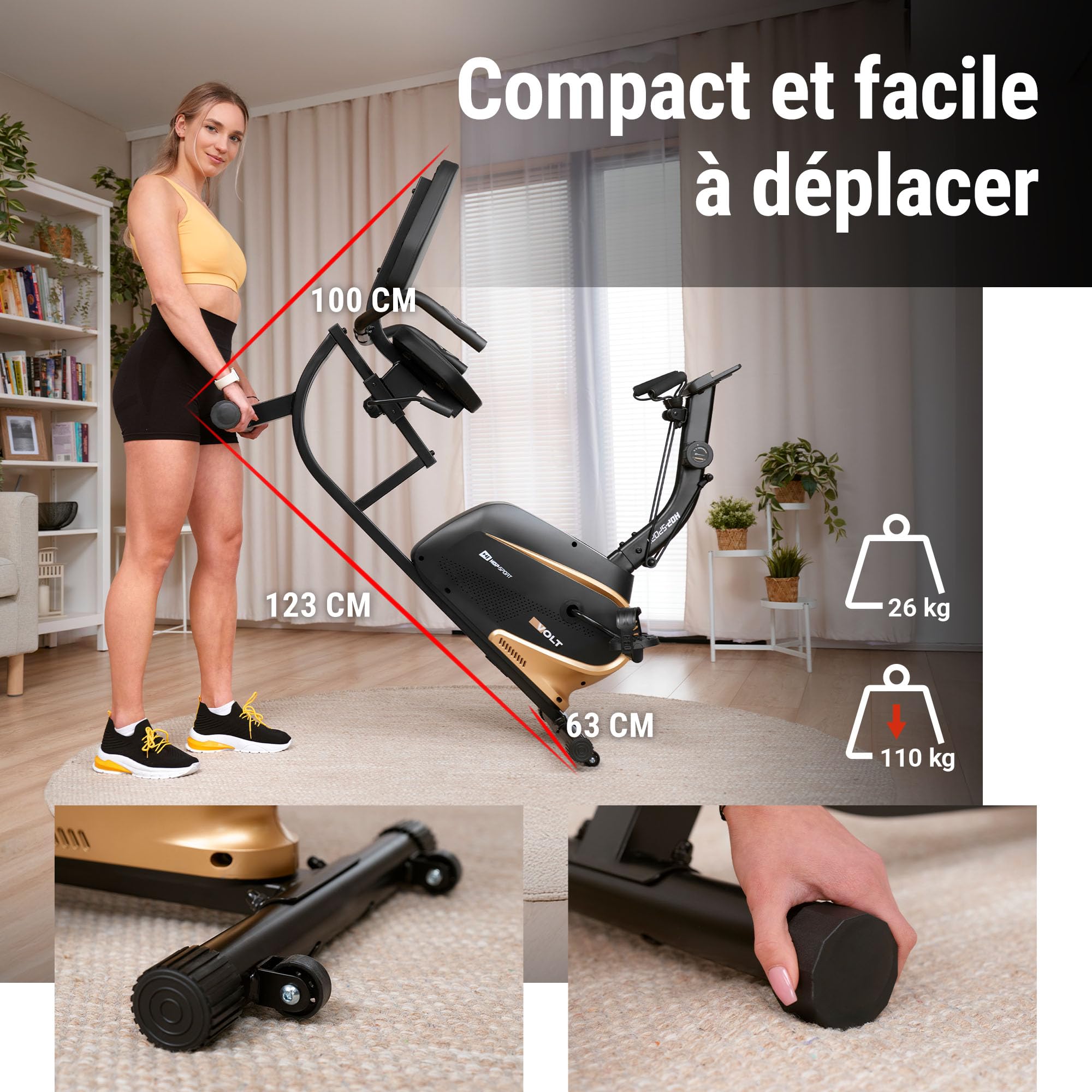 HOP-SPORT Vélo d'Appartement Semi-allongé Volt HS-045L, Résistance Magnétique 10 Niveaux, Max 110 kg