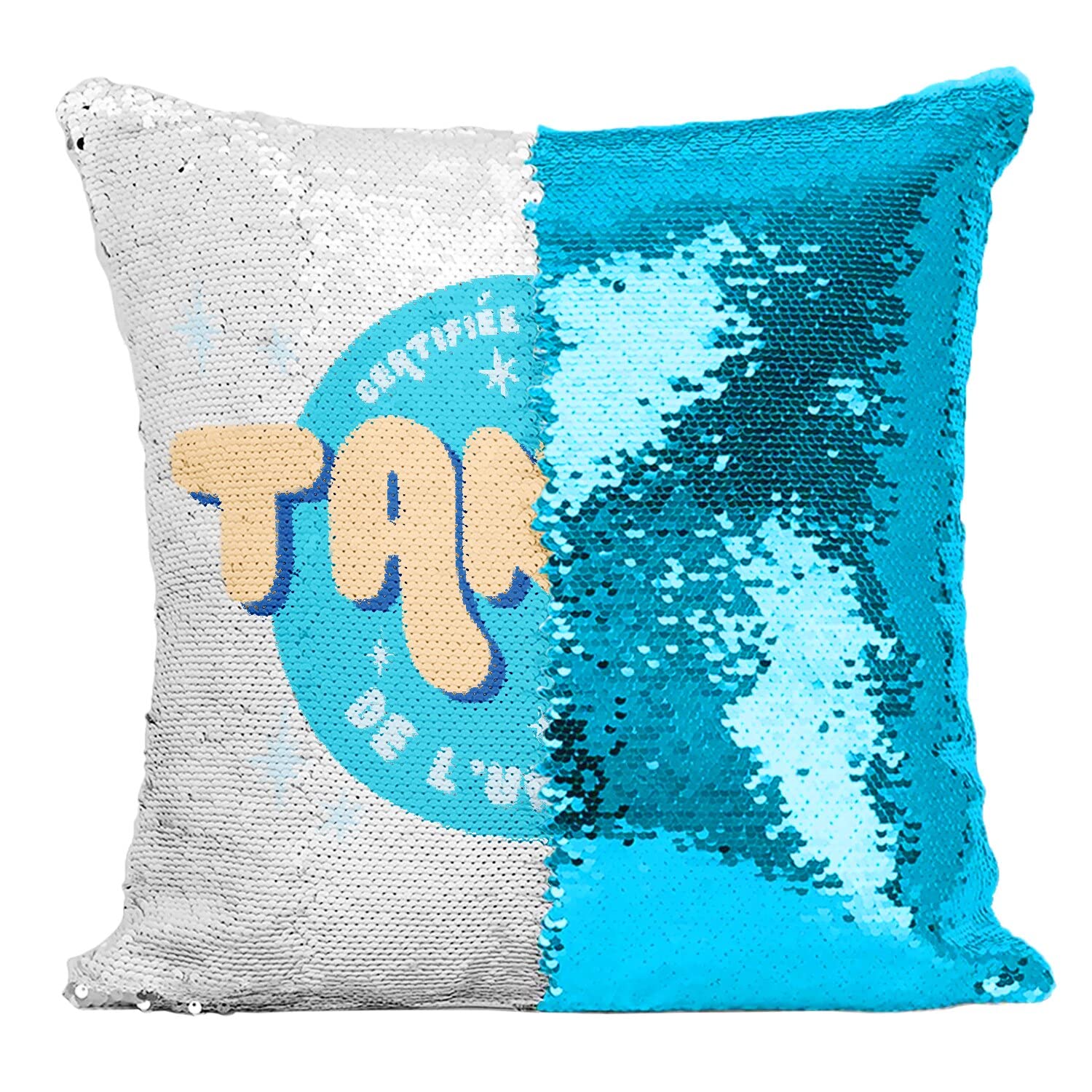 Cadeau meilleure tante : coussin paillettes turquoise pour l'univers de sa famille