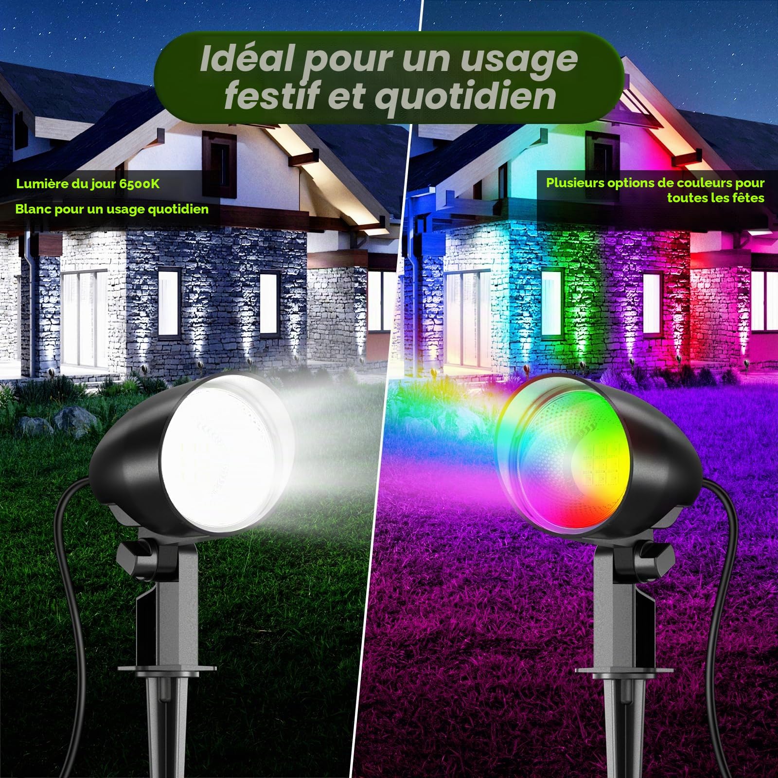 LINKE Spot LED Extérieur RGBW Télécommande 20W 2PC 1880LM Blanc Froid 6500K 10 Couleurs/30 Modes/6 Luminosités Réglables IP66 Étanche Éclairage Extérieur LED à Piquer pour Jardin, Terrasse, Chemin