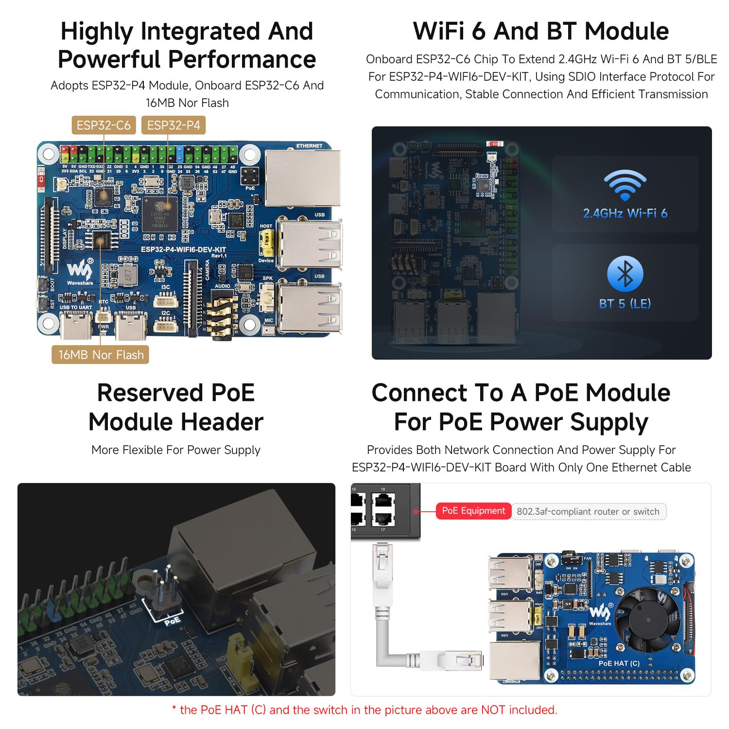 Waveshare ESP32-P4-WIFI6-DEV-KIT High-Performance Development Board, Based on ESP32-P4 & ESP32-C6, Supports Wi-FI 6, BT 5 & BLE 5, Bundle with Board, Speaker and Cable