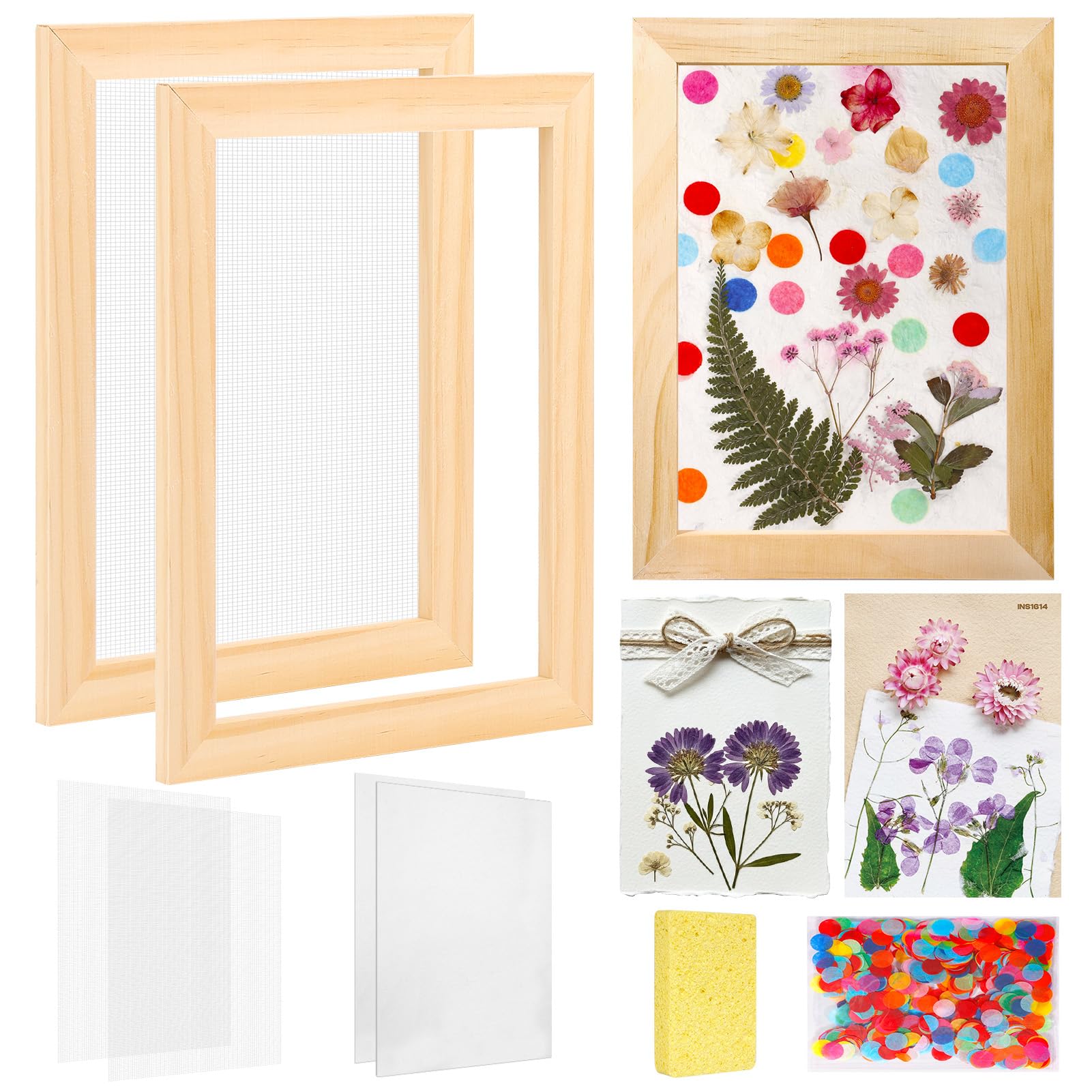 Aboofx Paper Making Kit, A5 Size Paper Making Screen Frame Kit, Wooden Mold and Deckle with Mesh, Absorbent Papers, Sponge and Confetti, DIY Handmade Papermaking Supplies Gift for Craft Lovers