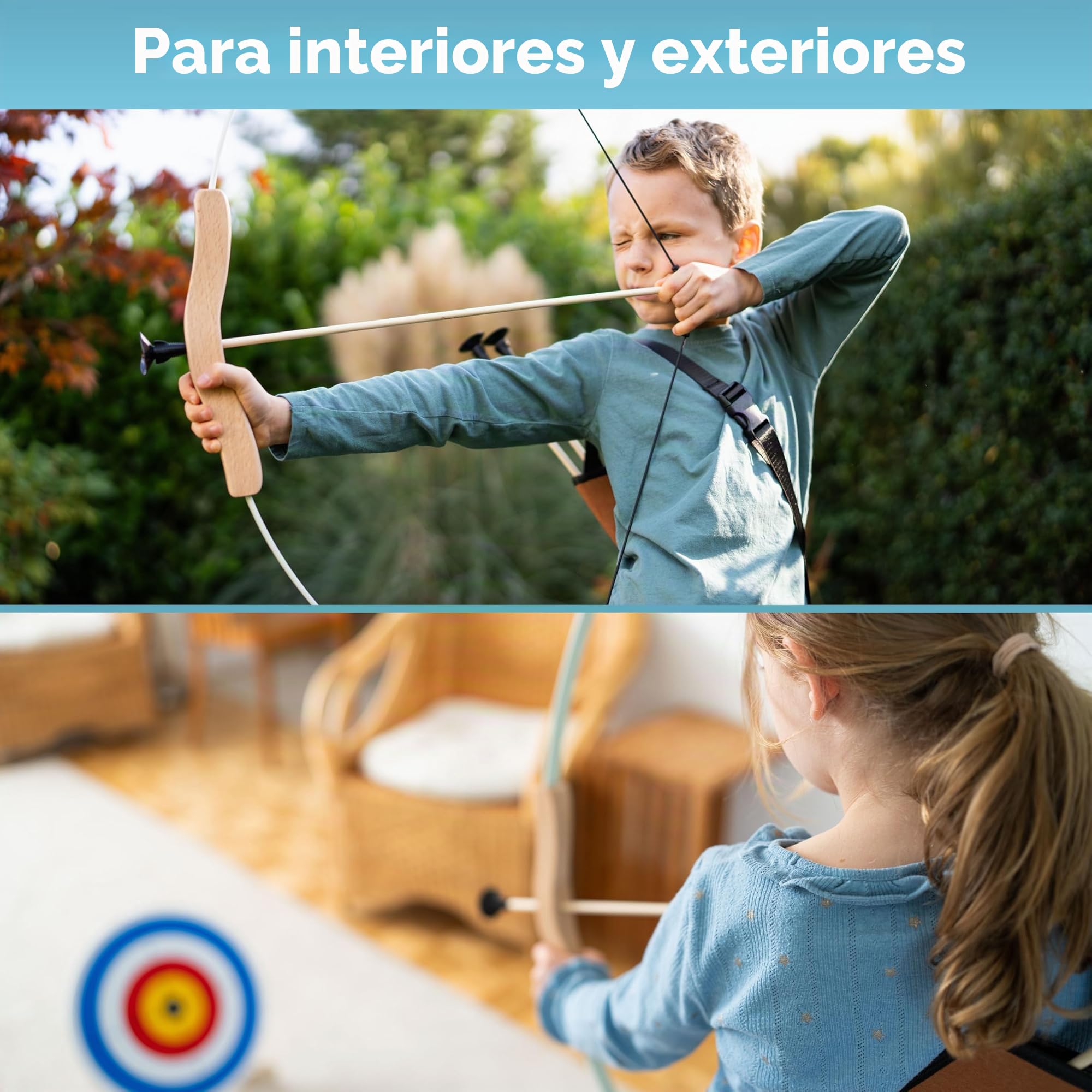 BOWRILLA® Set de flecha y arco para niños con 4 flechas de ventosa, objetivo de madera y aljaba | Juego de tiro con arco para niños para juegos de interior y exterior a partir de 5 años | Para
