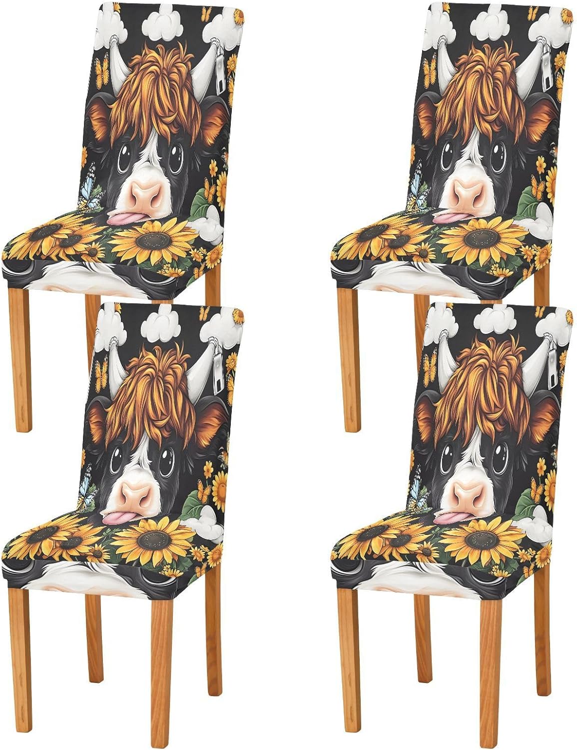 ALAZA Chair Covers for Dining Room, Cute Baby Highland Cow Sunflower Stretch Chair Cover Sets Chair Protector Removable Washable for Ktichen Restaurant Hotel