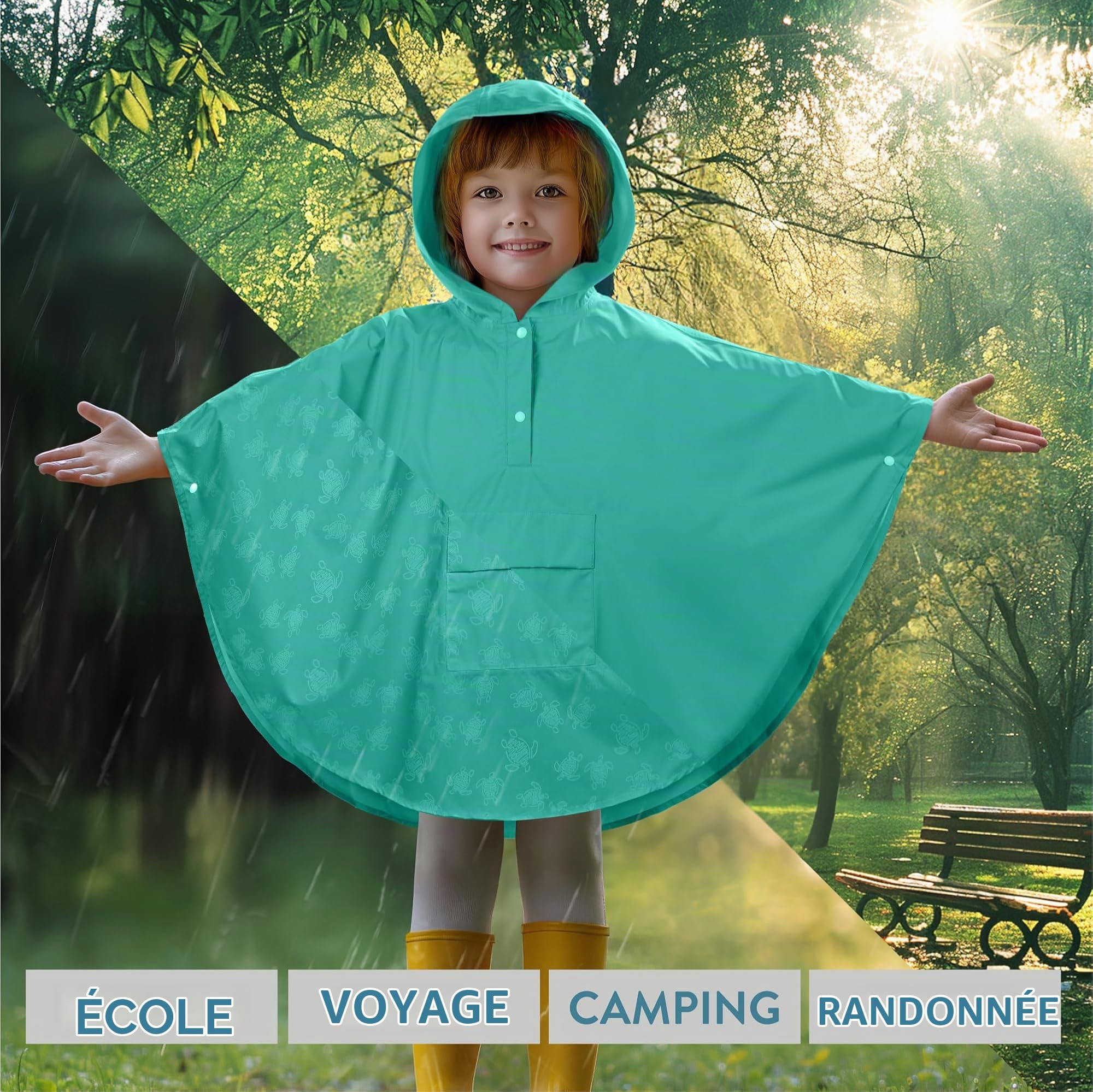 JEMIDI Cape de Pluie Enfant - Impermeable Enfant Taille S M L pour Fille Garcon de 3 à 15 ans - Poncho Pluie Imperméable Respirant avec Boutons Pression et Poche Avant