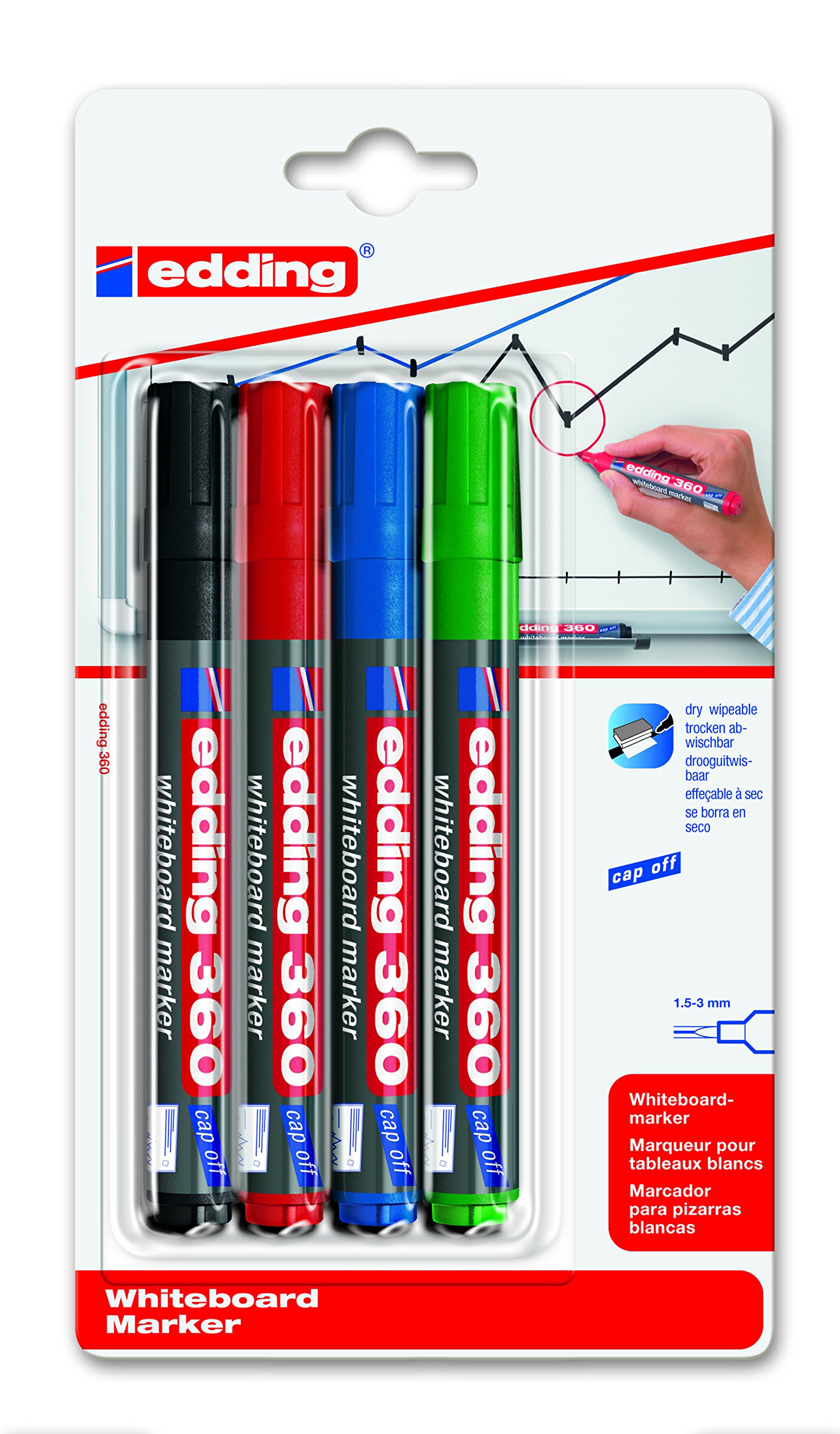 edding360 whiteboard marker - multi-coloured - 4 whiteboard pens - round nib 1.5-3 mm - whiteboard pen dry wipe - for whiteboards, flipcharts, magnetic, memo boards - sketchnotes - refillable