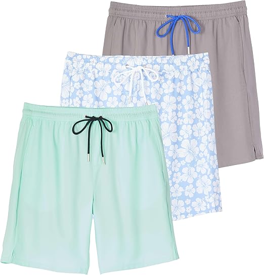 Real Essentials 3 Pack: Men's 9" Inch 2 in 1 Board Shorts with Compression Liner - Bathing Suit with Back Flap Pocket