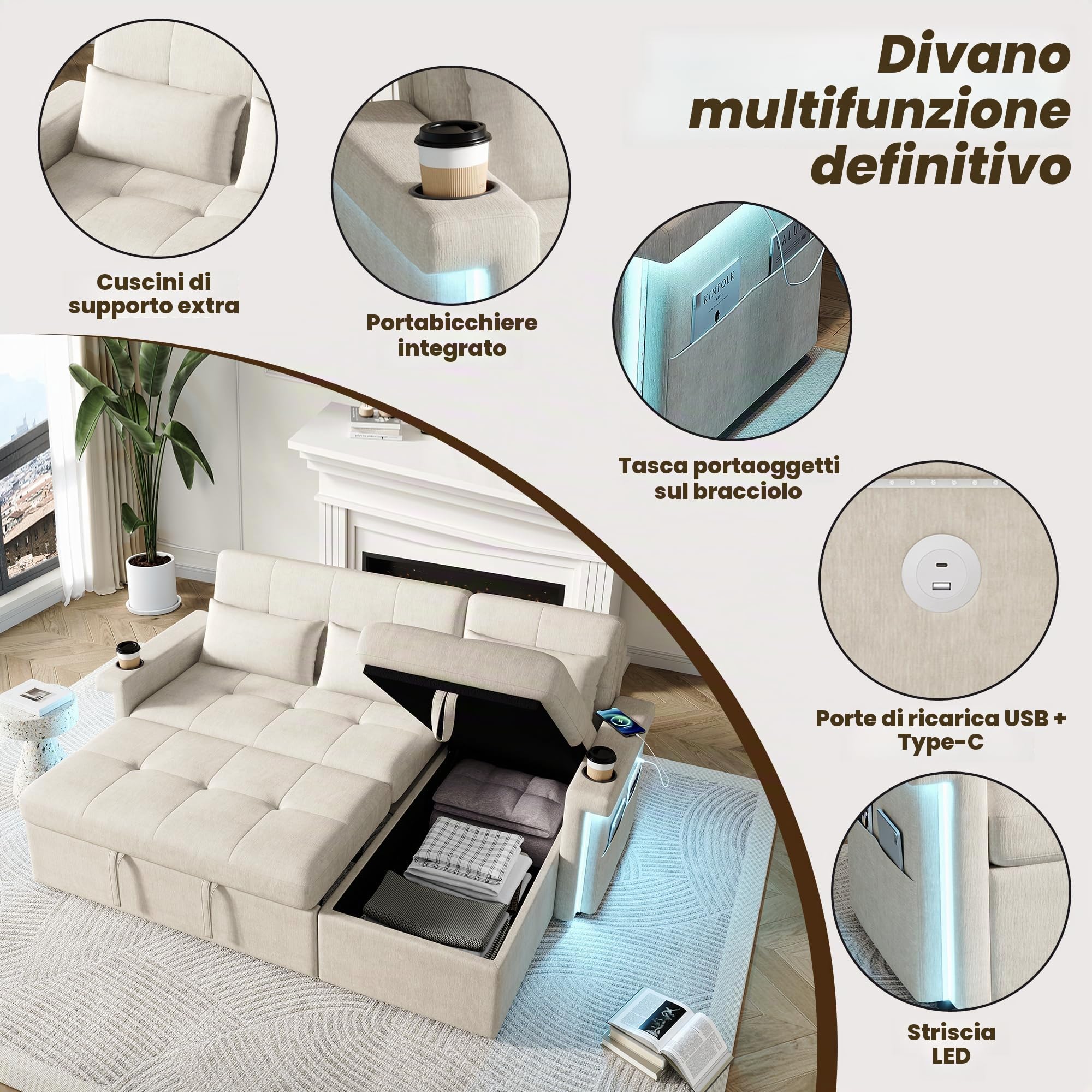 Divano Pieghevole con Funzione Letto, Divano Angolare a L con illuminazione a LED e Porte USB, Schienale Regolabile con Cuscini e Vassoio Portabicchieri, divani a 3 Posti con Contenitore per soggiorno