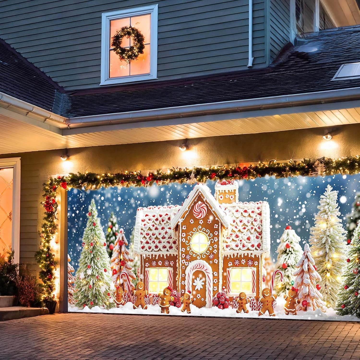 Christmas Garage Door Decorations Outdoor, Large Gingerbread House Gingerbread Man Christmas Garage Door Cover, 7 x 16 Ft Rustic Farmhouse Winter Garage Buddy Christmas for Wall Patio Yard Outside