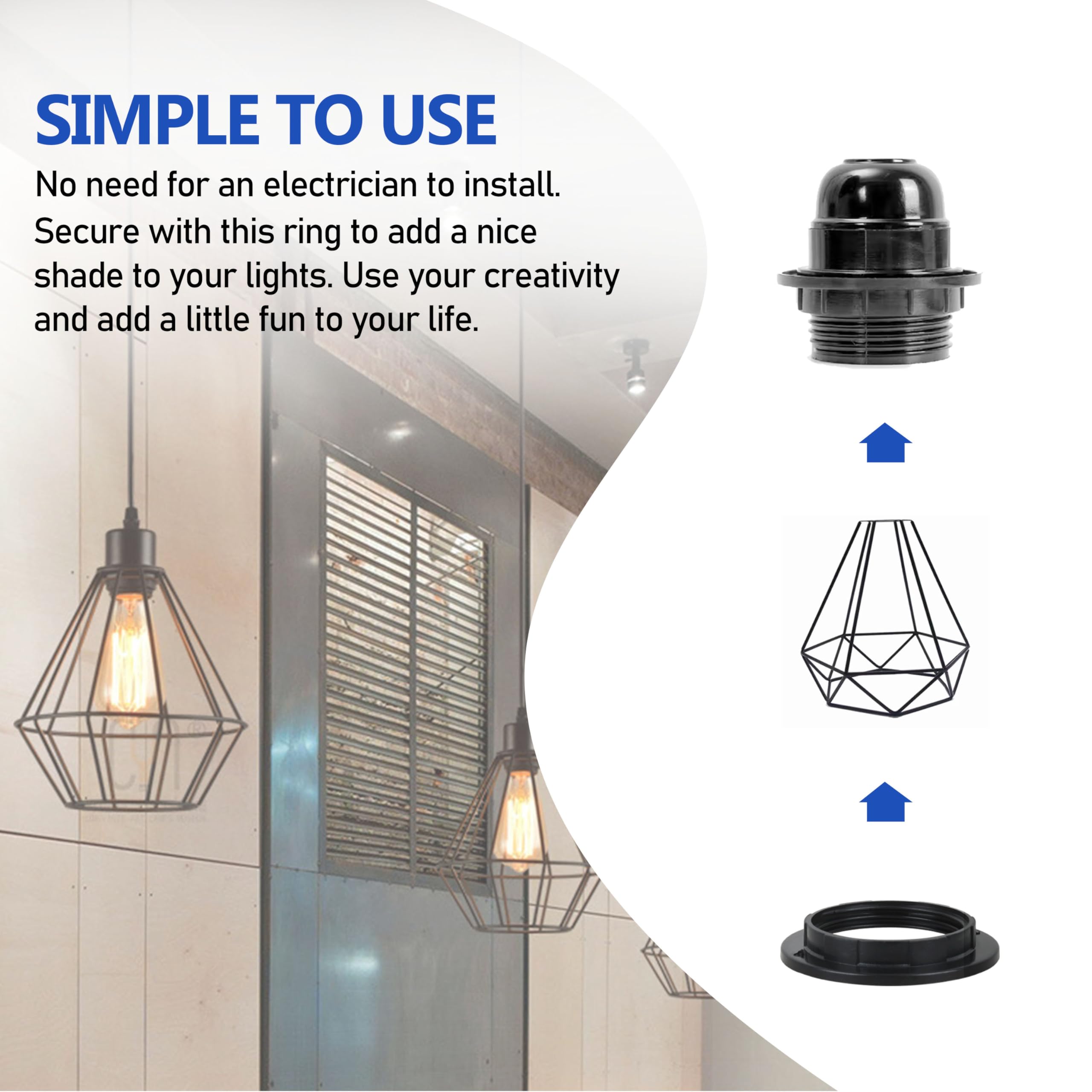 Kit de anillo de fijación a prueba de polvo y sombreado de soporte de lámpara E26/E27, compatible con anillo de bloqueo de pantalla de lámpara/anillo de presión, negro componente de instalación de 5 8