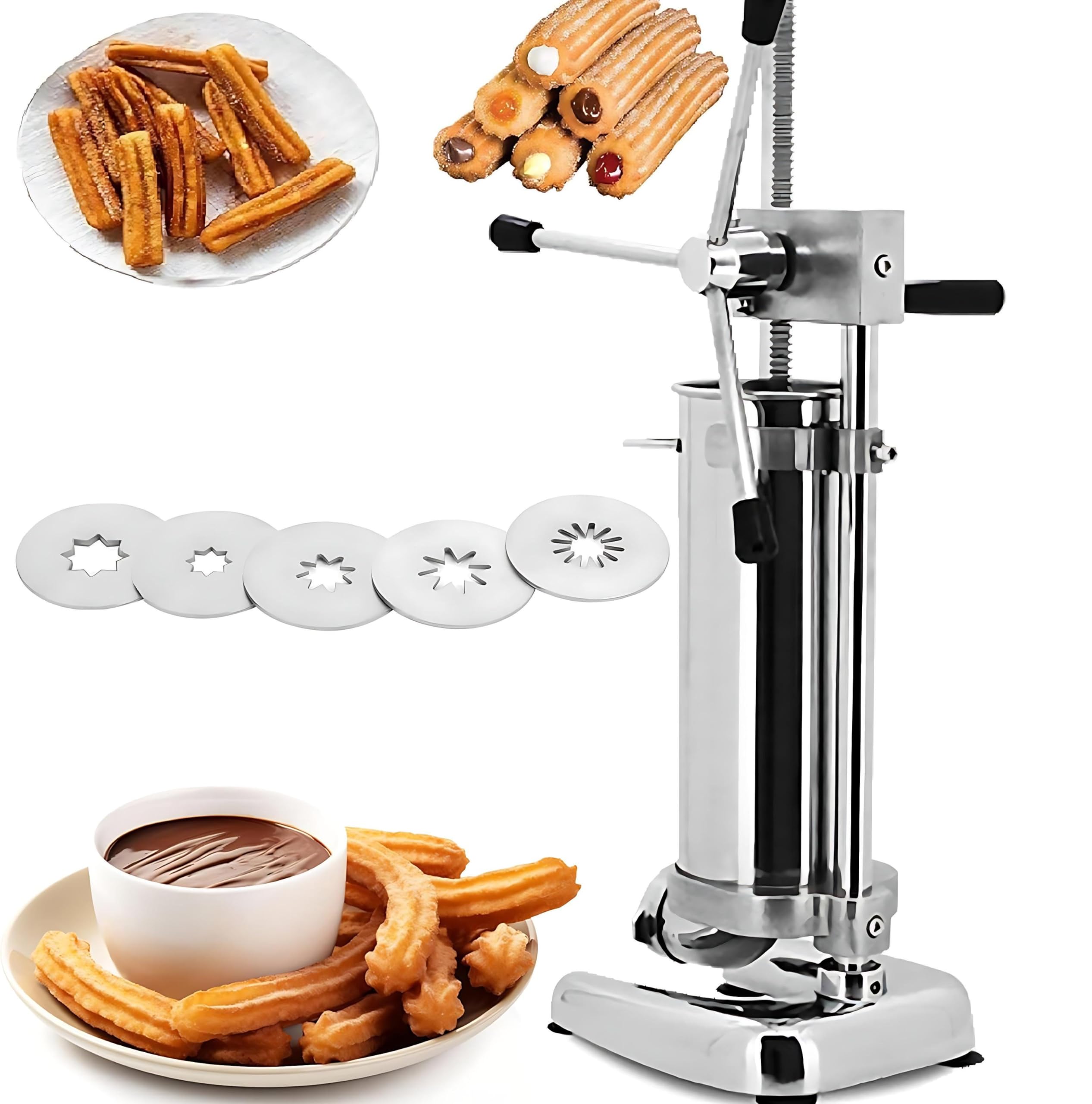 Churros Maker Machine - Ręczna pionowa maszyna do robienia pączków ze stali nierdzewnej 3 l, z 5 dyszami, do użytku domowego i restauracyjnego