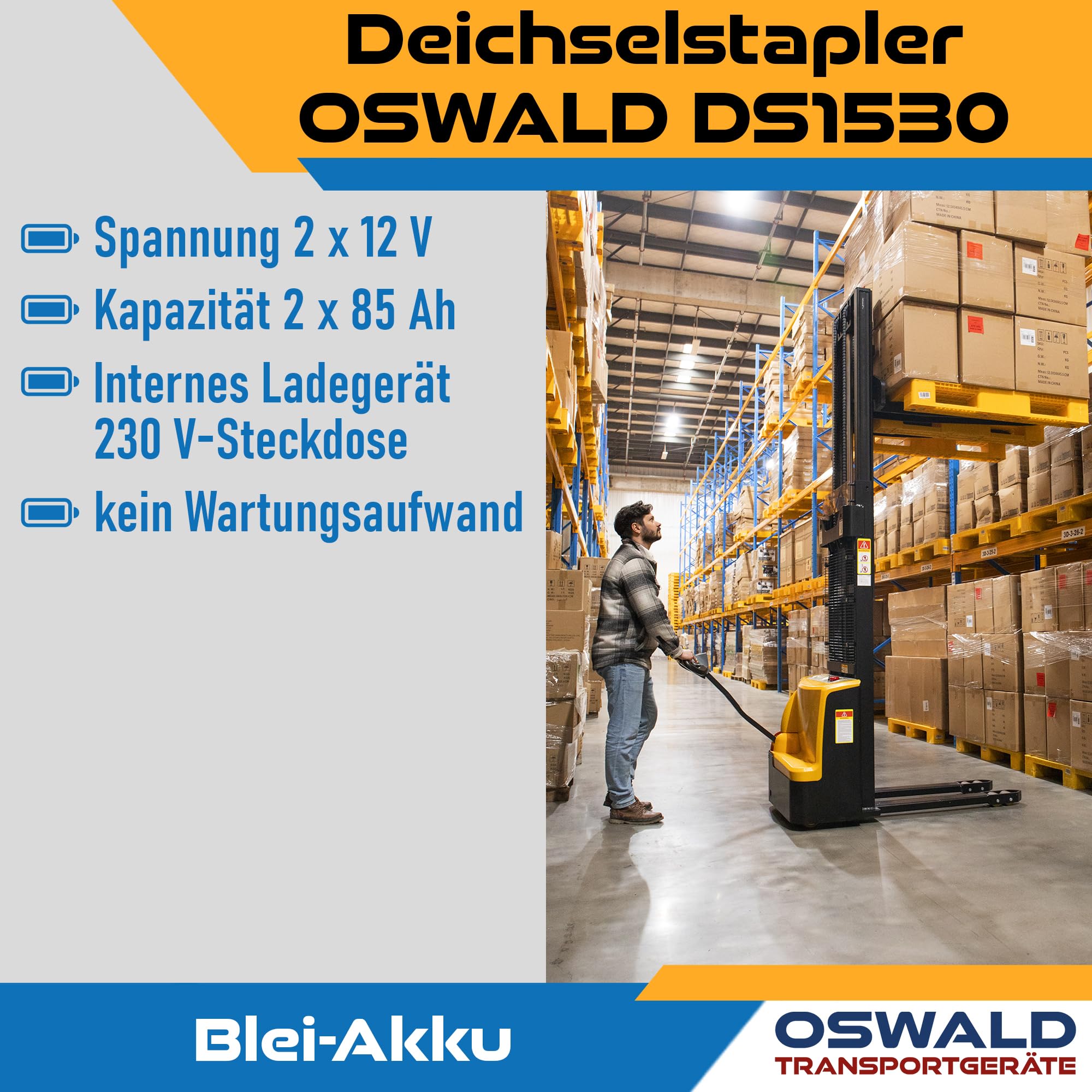 Deichselstapler DS1530 1,5 t - 3,0 m Hubhöhe - OSWALD Transportgeräte - Elektrostapler