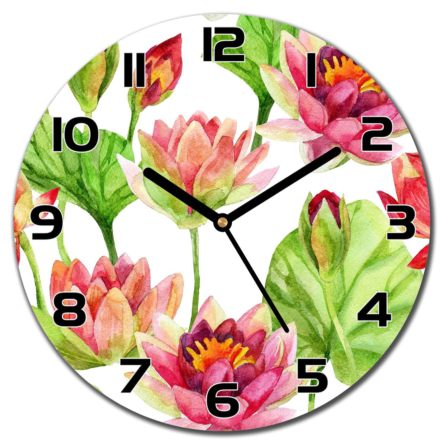 Horloge murale en verre cuisine salon design moderne impression fleurs de lotus 30cm