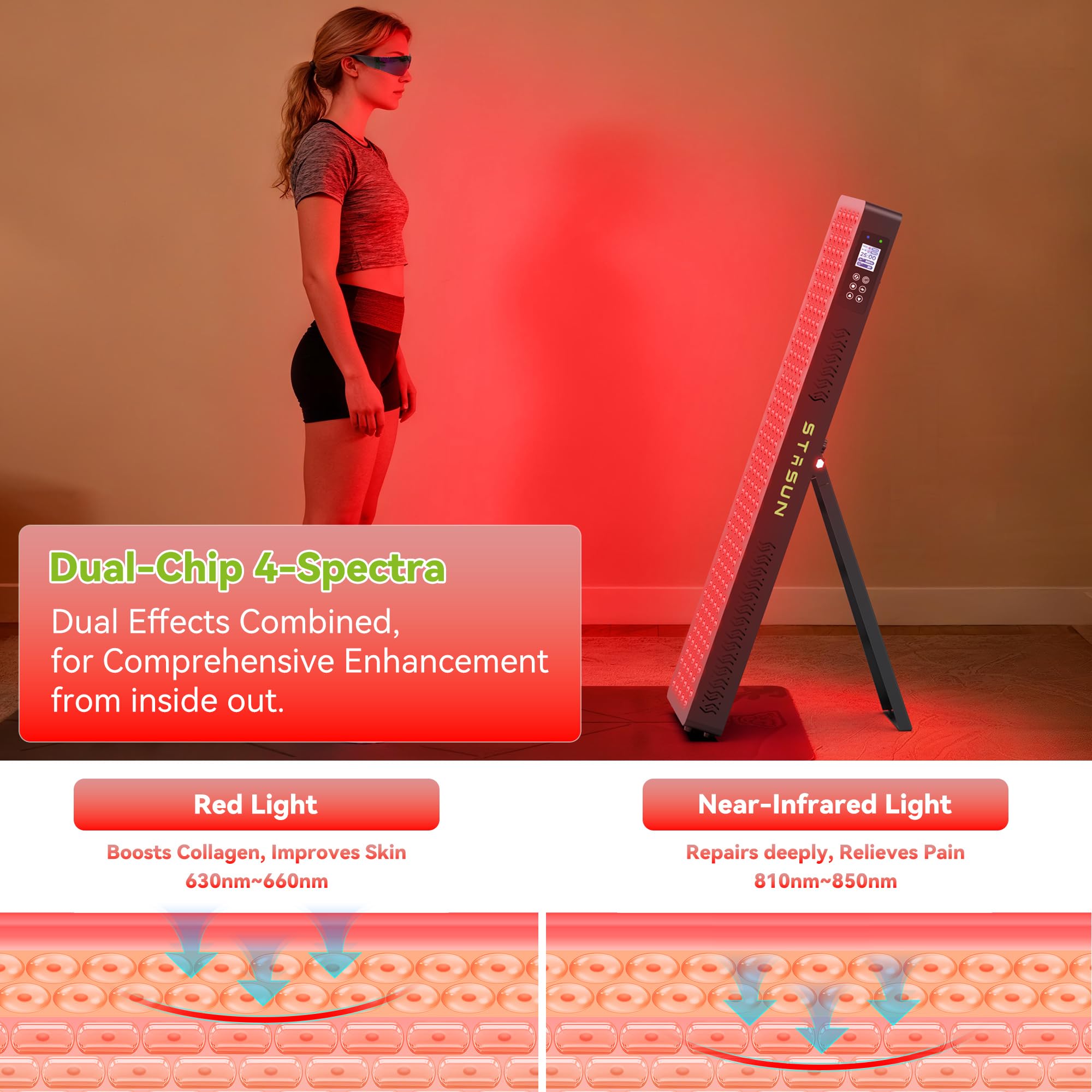 STASUN Dual-Chip urządzenie terapeutyczne z czerwonym światłem, 4 widma 660 i 850 nm, lampa z czerwonym światłem, 210 diod LED, 1050 W, lampa na podczerwień do pielęgnacji twarzy, kosmetyków, budowy