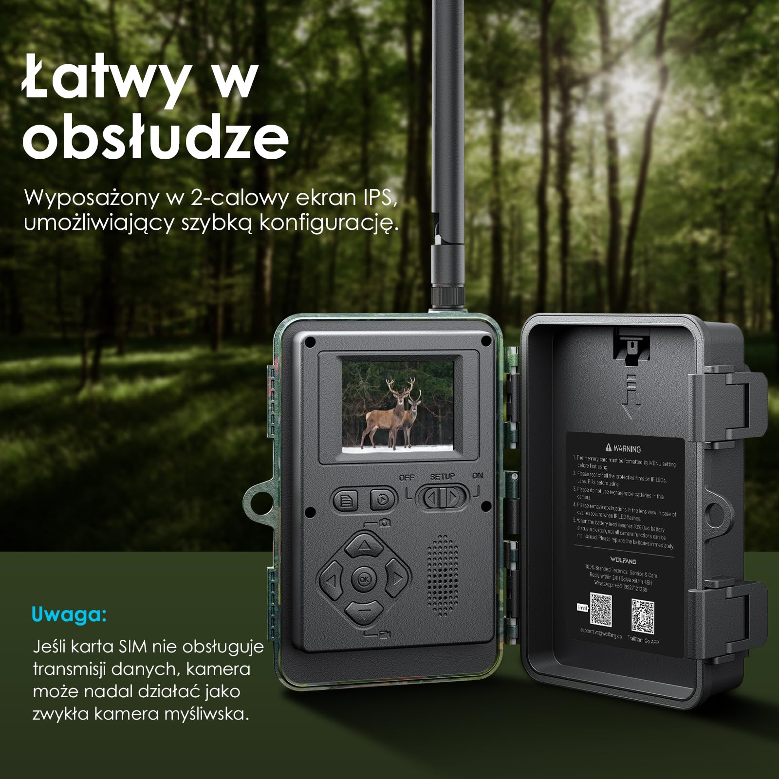 WOLFANG Komórkowa kamera przyrodnicza 4G LTE, połącz ogólnokrajową kamerę 4G LTE, 2K 36 MP z kontrolą aplikacji, super noktowizor, wyświetlacz TFT 2,0 cala, wyzwalacz 0,2 s, aktywowany ruchem