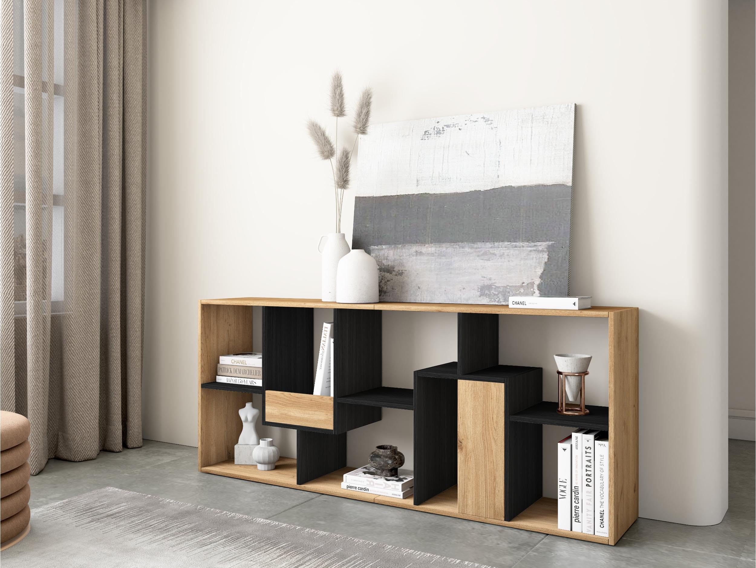 Skraut Home | Librería estantería | Estanteria Libros de Pared | 162x67x31cm | con Almacenaje | Estilo Moderno | Roble y Negro