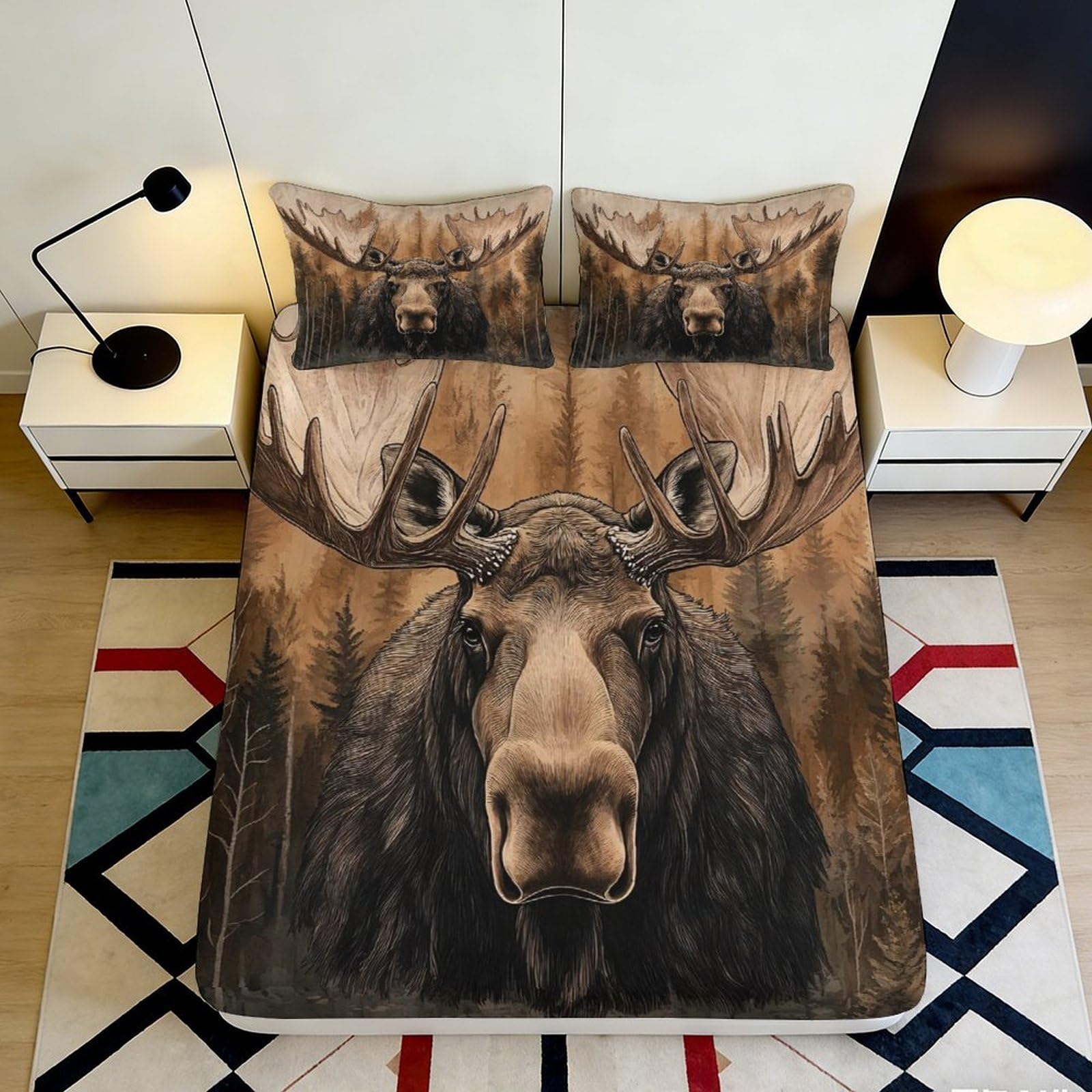 3D Printed Moose Forest Fitted Sheet Microfiber Anti-Slip Bed Cover for Bedroom Guest Room Mattress Protection 140x200x25cm