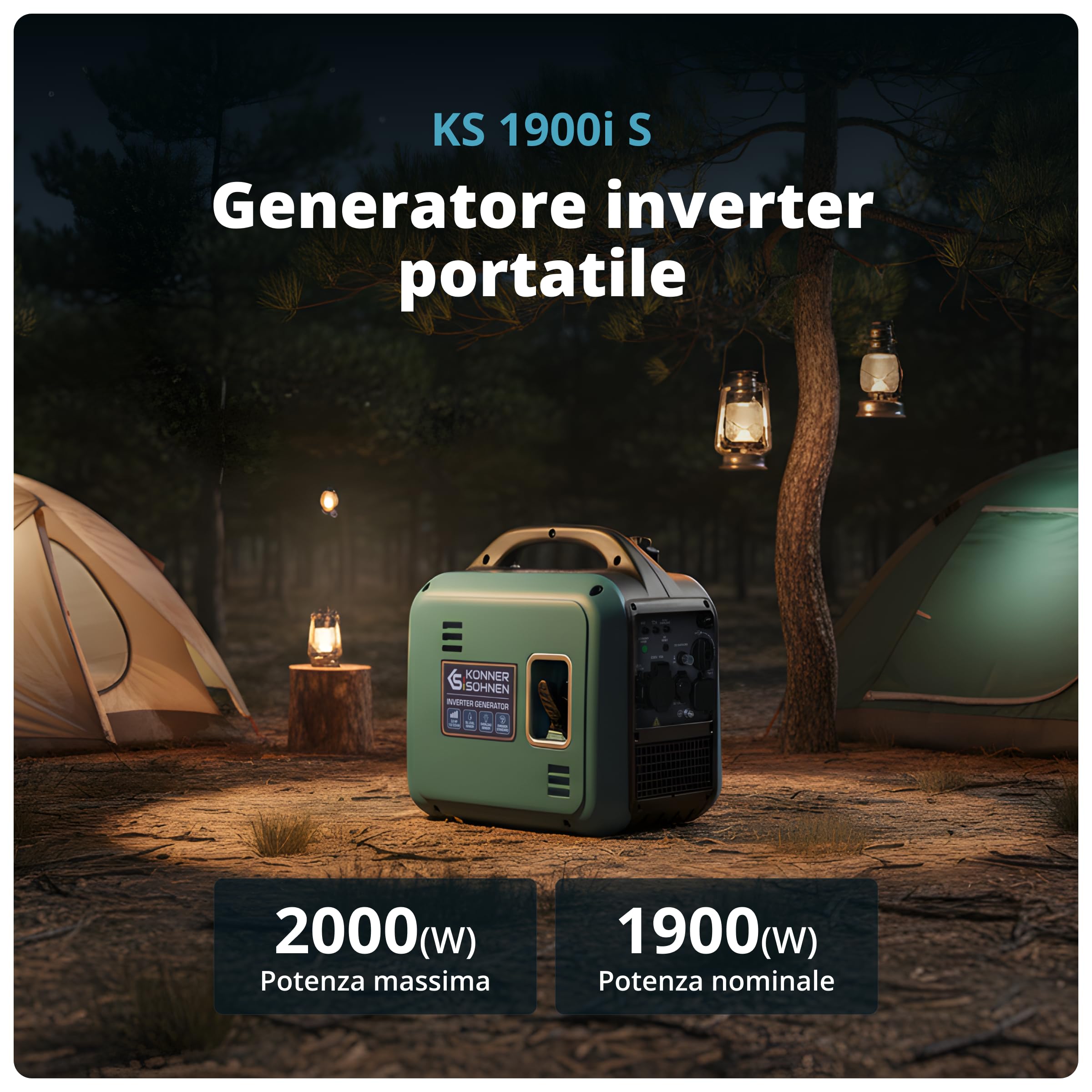 K&S Könner&Söhnen KS 1900i S Generatore Inverter 2,0 kW, generatore di corrente inverter con involucro insonorizzato, gruppo elettrogeno a benzina con avvolgimento in rame, generatore inverter 2 USB